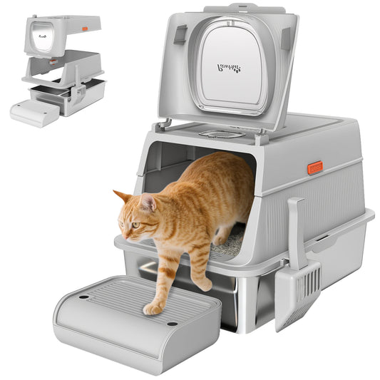 XL Stainless Steel Litter Box with Lid, Extra Large Enclosed Cat Litter Box for Big Cats with Flip Cover, Scoop, Pedal, Deodorizer, Leak-Proof, Odor-Resistant, Easy Cleaning