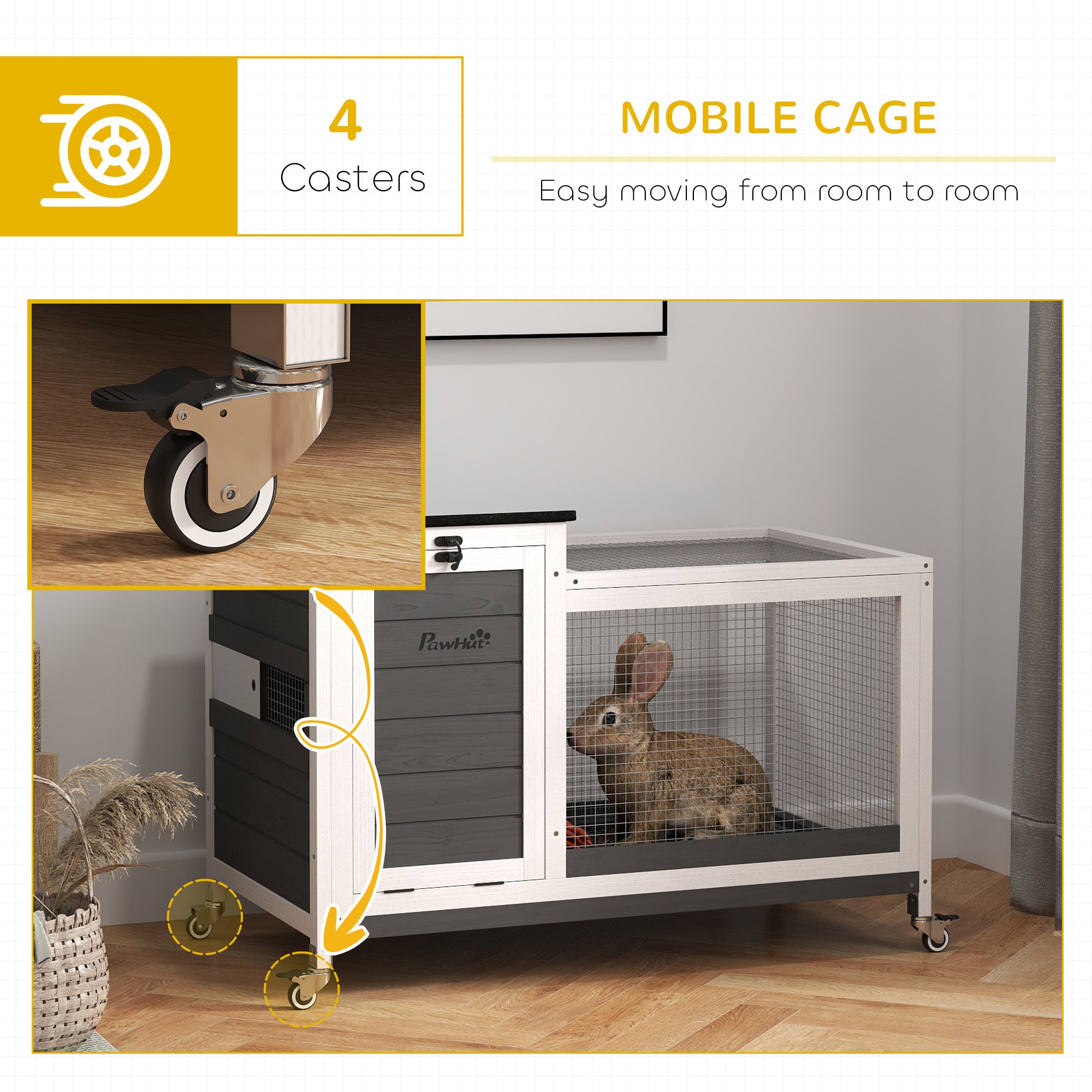 Wooden Rabbit Hutch, Indoor Outdoor Guinea Pig Cage with Pull-Out Tray, Asphalt Openable Roof, Small Animal Cage on Wheels with Run, Dark Grey