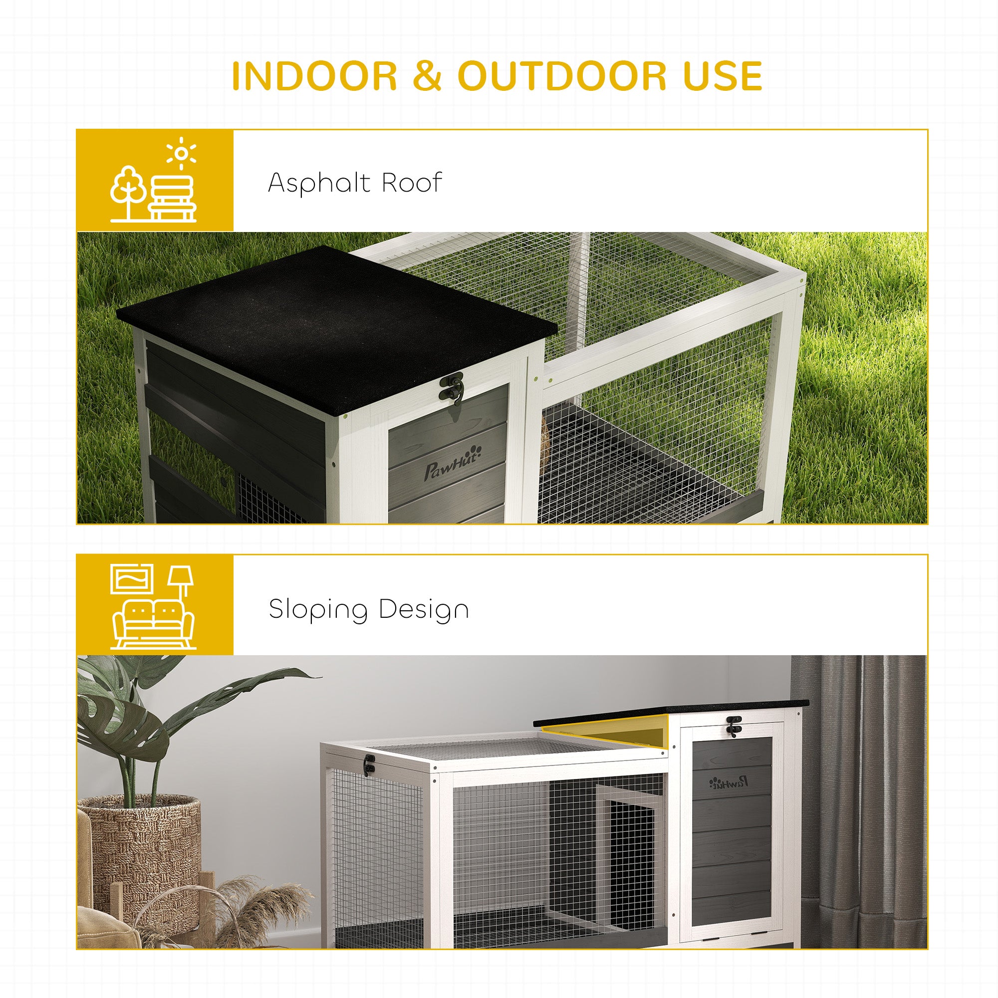 Wooden Rabbit Hutch, Indoor Outdoor Guinea Pig Cage with Pull-Out Tray, Asphalt Openable Roof, Small Animal Cage on Wheels with Run, Dark Grey