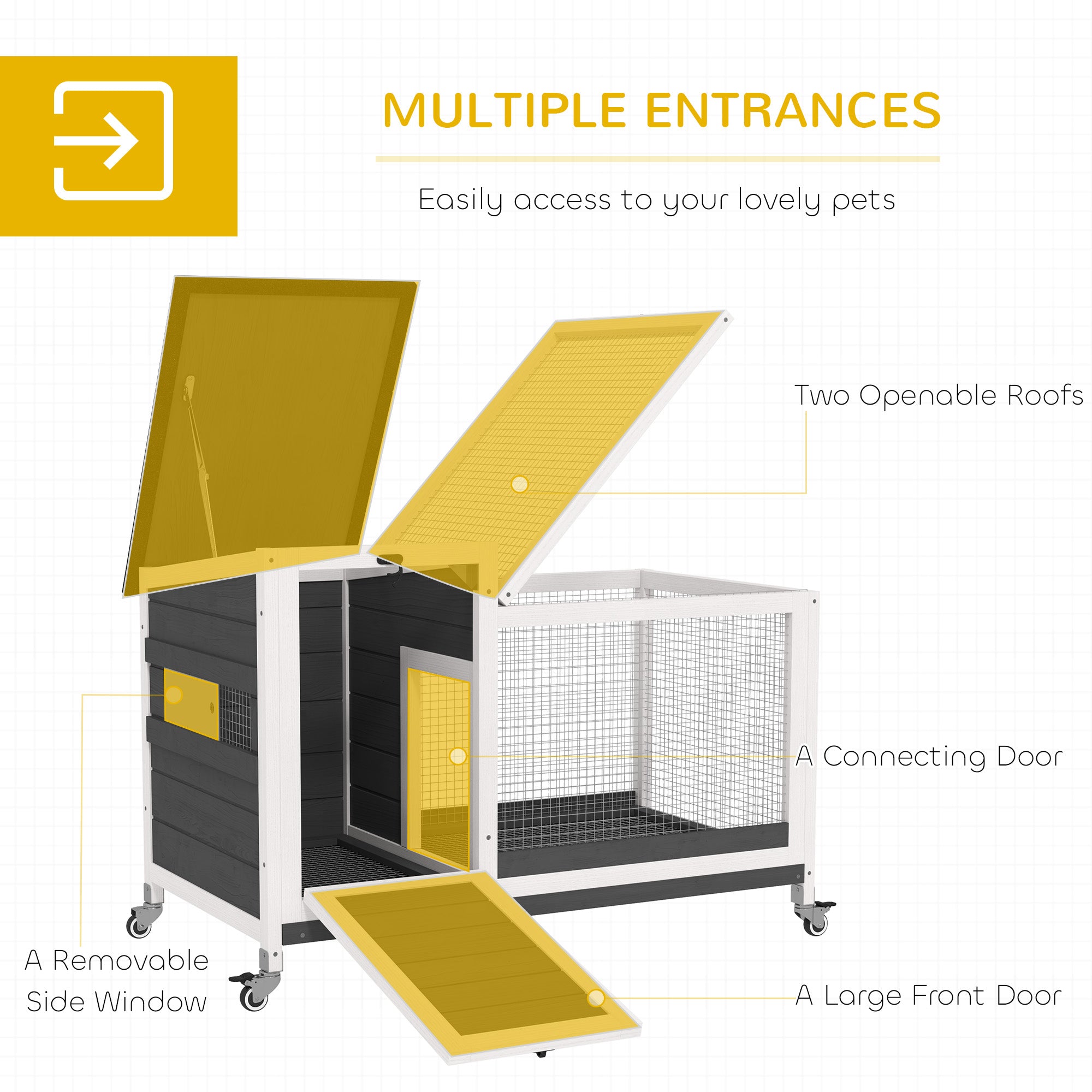 Wooden Rabbit Hutch, Indoor Outdoor Guinea Pig Cage with Pull-Out Tray, Asphalt Openable Roof, Small Animal Cage on Wheels with Run, Dark Grey