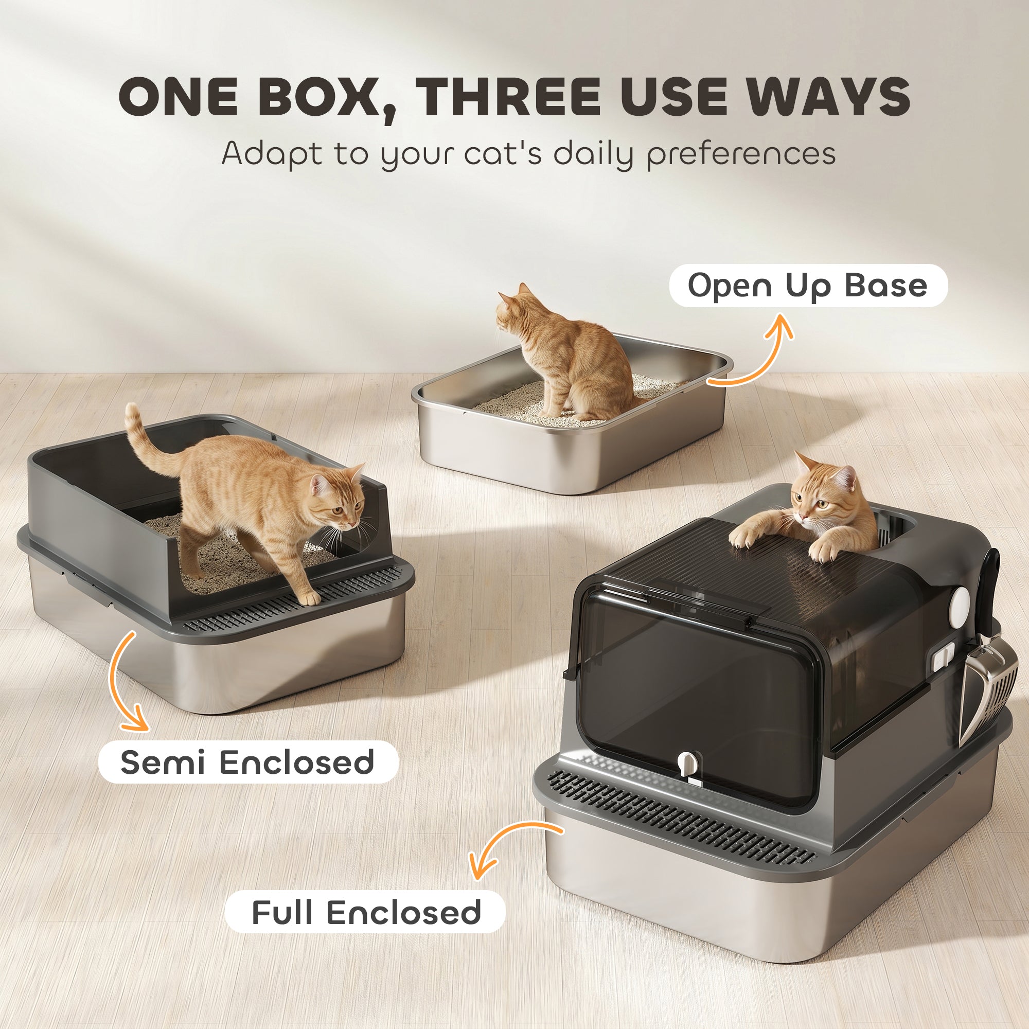 Stainless Steel Cat Litter Box with Lid, XXL Enclosed Cat Litter Box for Big Cats with High Sides, Double Doors, Scoop, Odor Control, Anti-Leaking, Easy Clean, Black