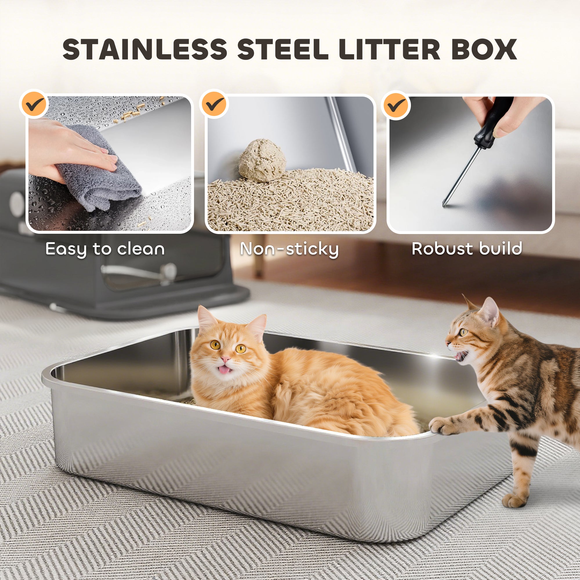 Stainless Steel Cat Litter Box with Lid, XXL Enclosed Cat Litter Box for Big Cats with High Sides, Double Doors, Scoop, Odor Control, Anti-Leaking, Easy Clean, Black