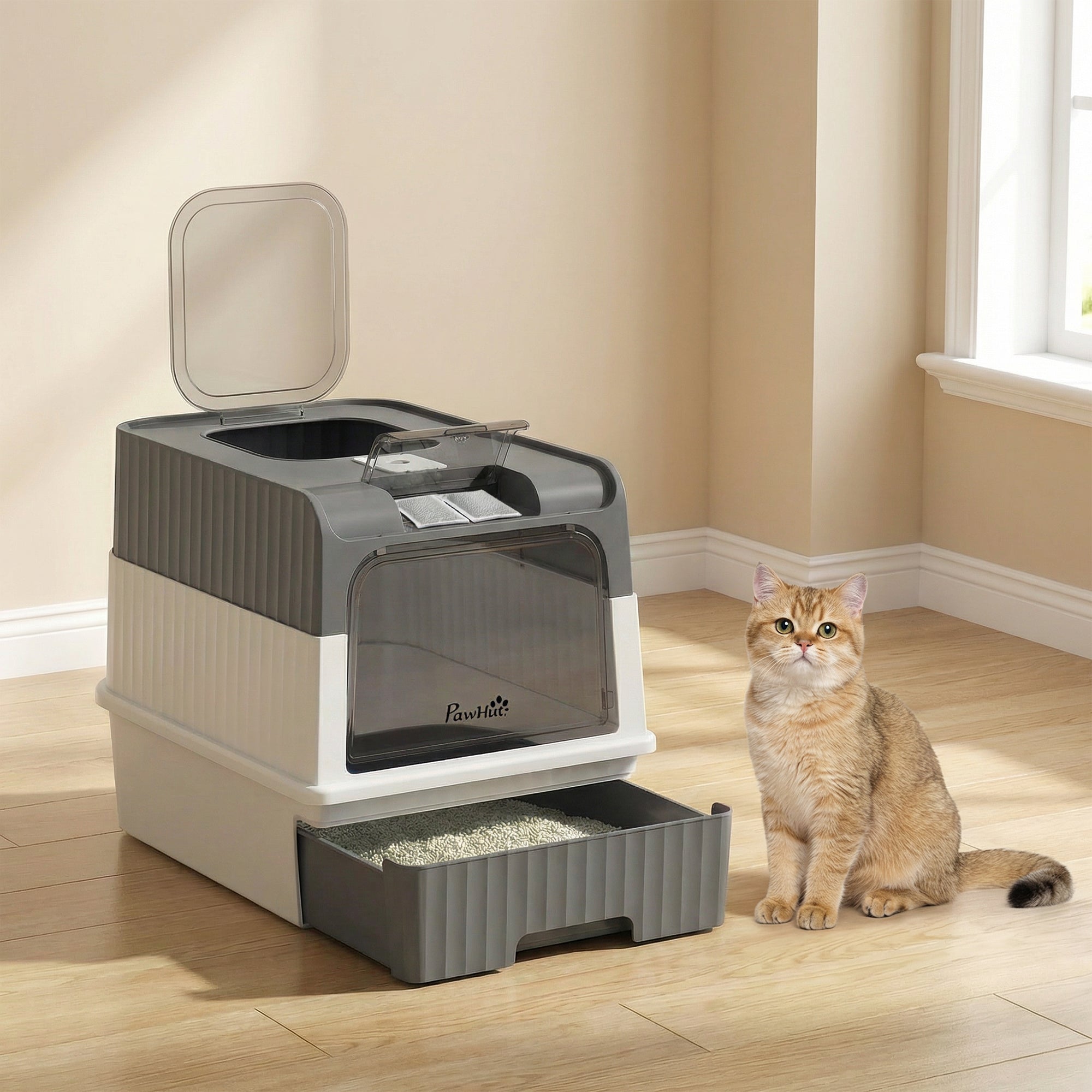 Cat litter Box with Lid, Enclosed Cat Litter Box with Pull-Out Drawer Tray, Scoop, 4 Deodorisation Bags, Front Entry & Top Exit, Privacy, Odour Control and Easy to Clean, Grey