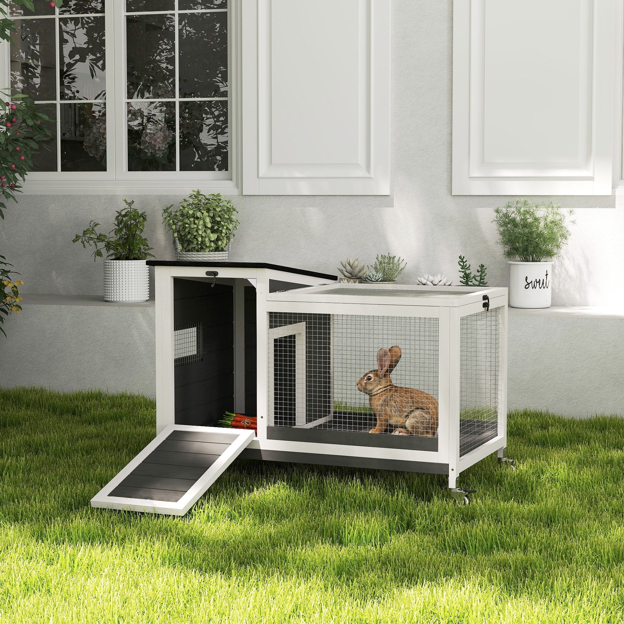 Wooden Rabbit Hutch, Indoor Outdoor Guinea Pig Cage with Pull-Out Tray, Asphalt Openable Roof, Small Animal Cage on Wheels with Run, Dark Grey