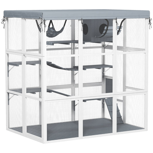 Catio Outdoor Cat Enclosure, 71" Large Wooden Cat House w/ Weatherproof Tarp, Walk-in Kitty Cage with Hammock, Condo, Platforms, Ladders, Ramps, for 2-4 Kittens, Grey