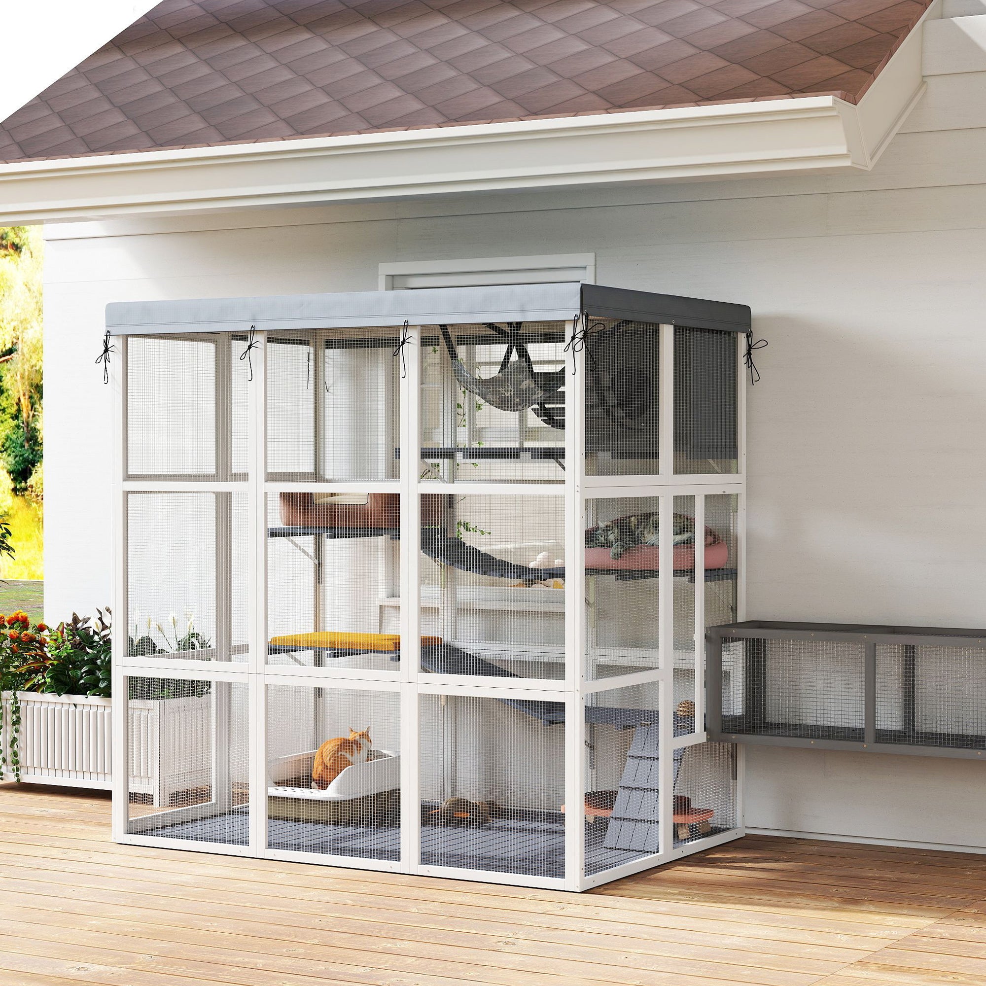 Catio Outdoor Cat Enclosure, 71" Large Wooden Cat House w/ Weatherproof Tarp, Walk-in Kitty Cage with Hammock, Condo, Platforms, Ladders, Ramps, for 2-4 Kittens, Grey