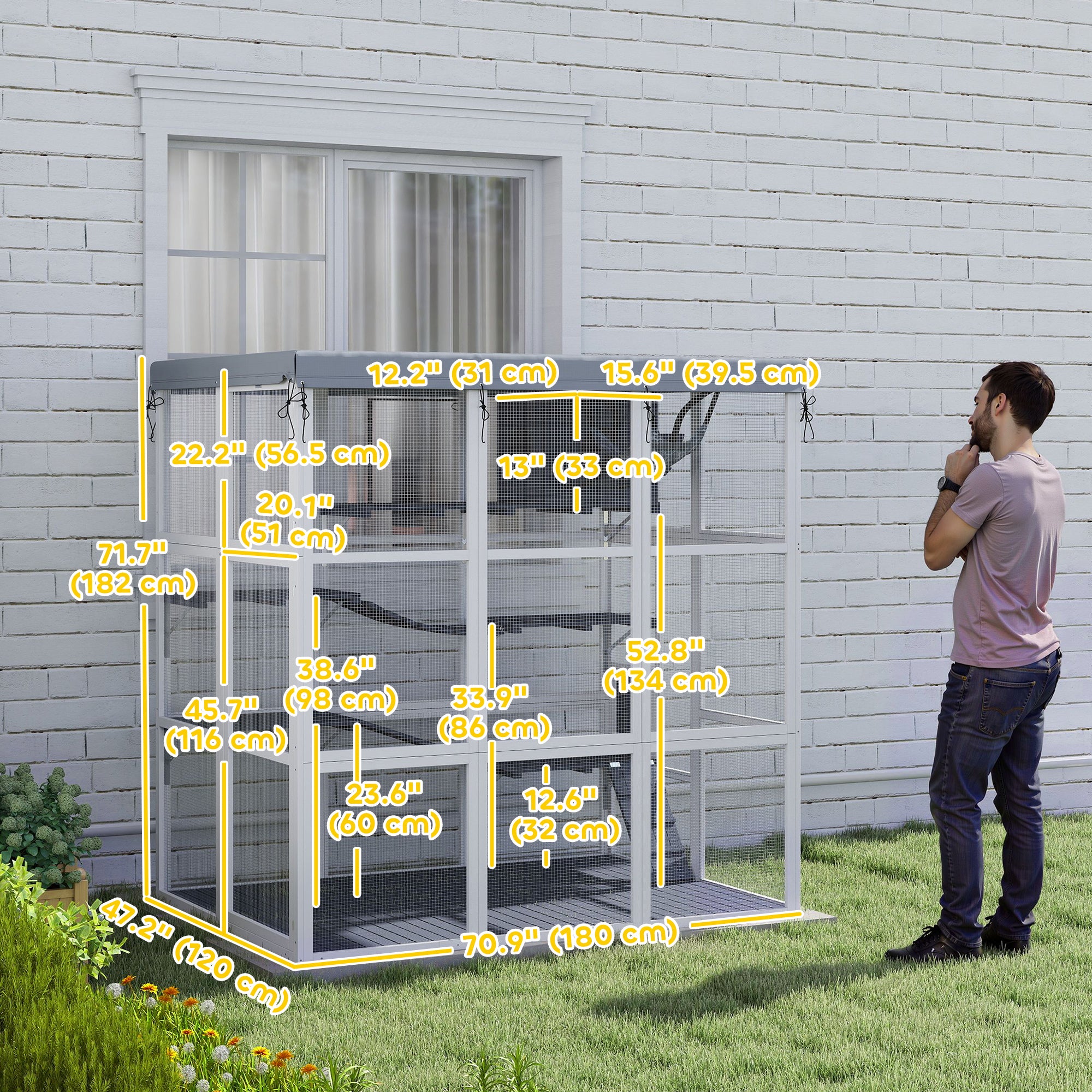 Catio Outdoor Cat Enclosure, 71" Large Wooden Cat House w/ Weatherproof Tarp, Walk-in Kitty Cage with Hammock, Condo, Platforms, Ladders, Ramps, for 2-4 Kittens, Grey