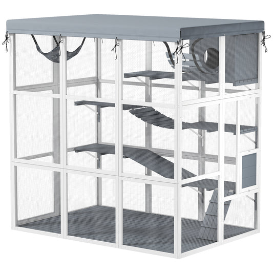 Catio Outdoor Cat Enclosure, 71" Large Wooden Cat House w/ Weatherproof Tarp, Walk-in Kitty Cage with Hammock, Condo, Platforms, Ladders, Ramps, for 2-4 Kittens, Grey