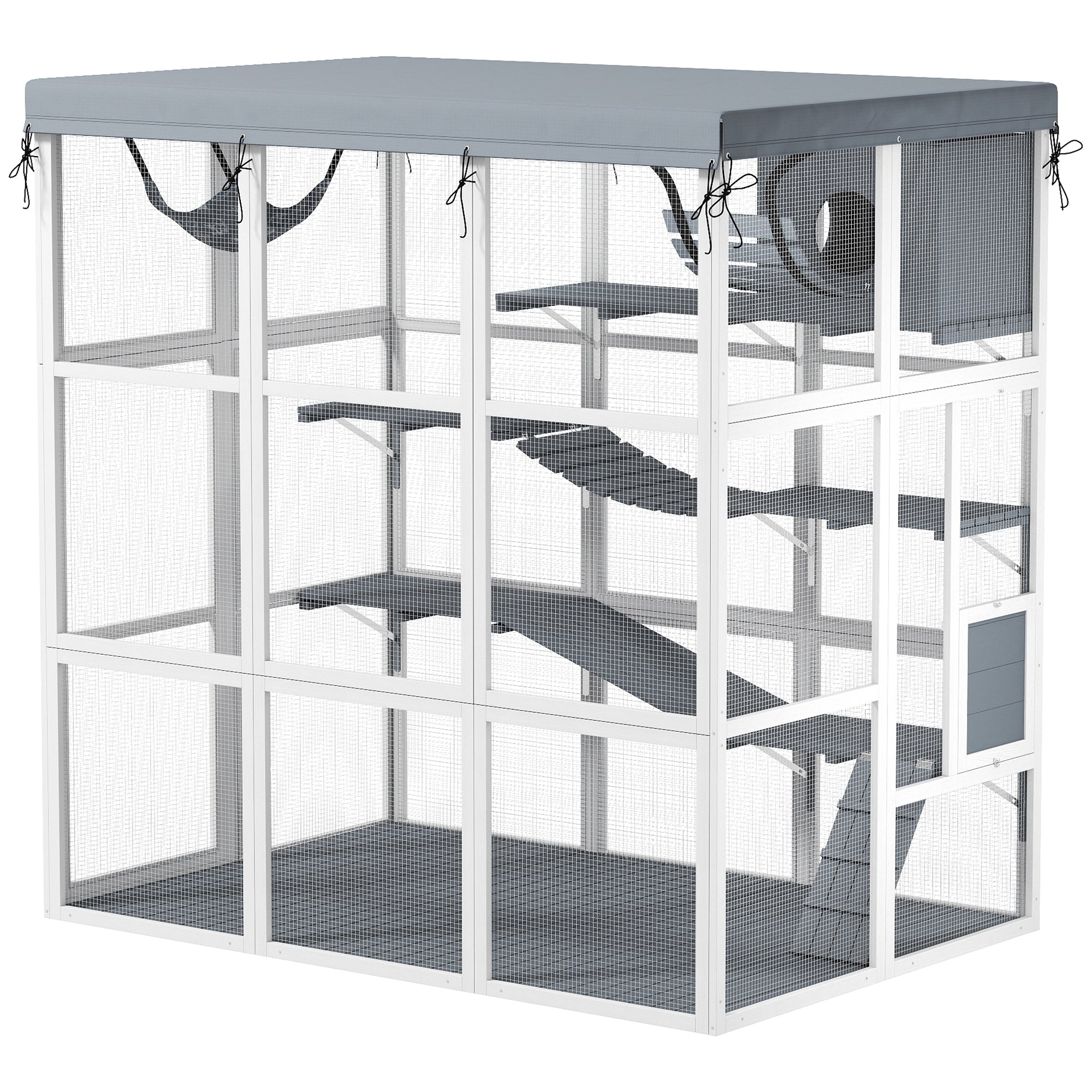 Catio Outdoor Cat Enclosure, 71" Large Wooden Cat House w/ Weatherproof Tarp, Walk-in Kitty Cage with Hammock, Condo, Platforms, Ladders, Ramps, for 2-4 Kittens, Grey