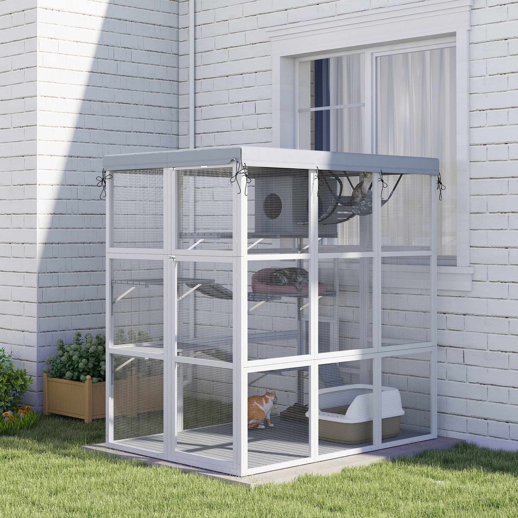Catio Outdoor Cat Enclosure, 71" Large Wooden Cat House w/ Weatherproof Tarp, Walk-in Kitty Cage with Hammock, Condo, Platforms, Ladders, Ramps, for 2-4 Kittens, Grey