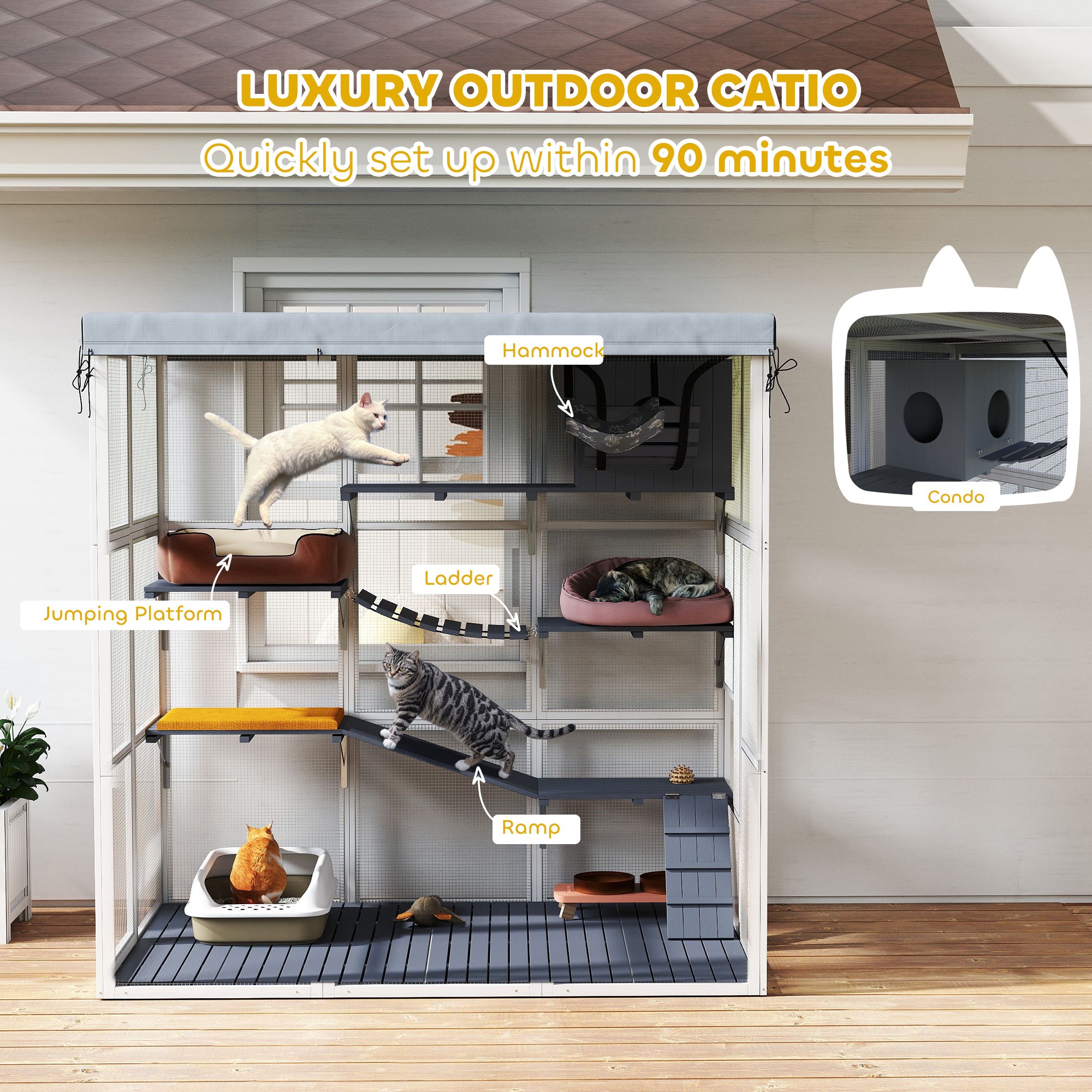 Catio Outdoor Cat Enclosure, 71" Large Wooden Cat House w/ Weatherproof Tarp, Walk-in Kitty Cage with Hammock, Condo, Platforms, Ladders, Ramps, for 2-4 Kittens, Grey