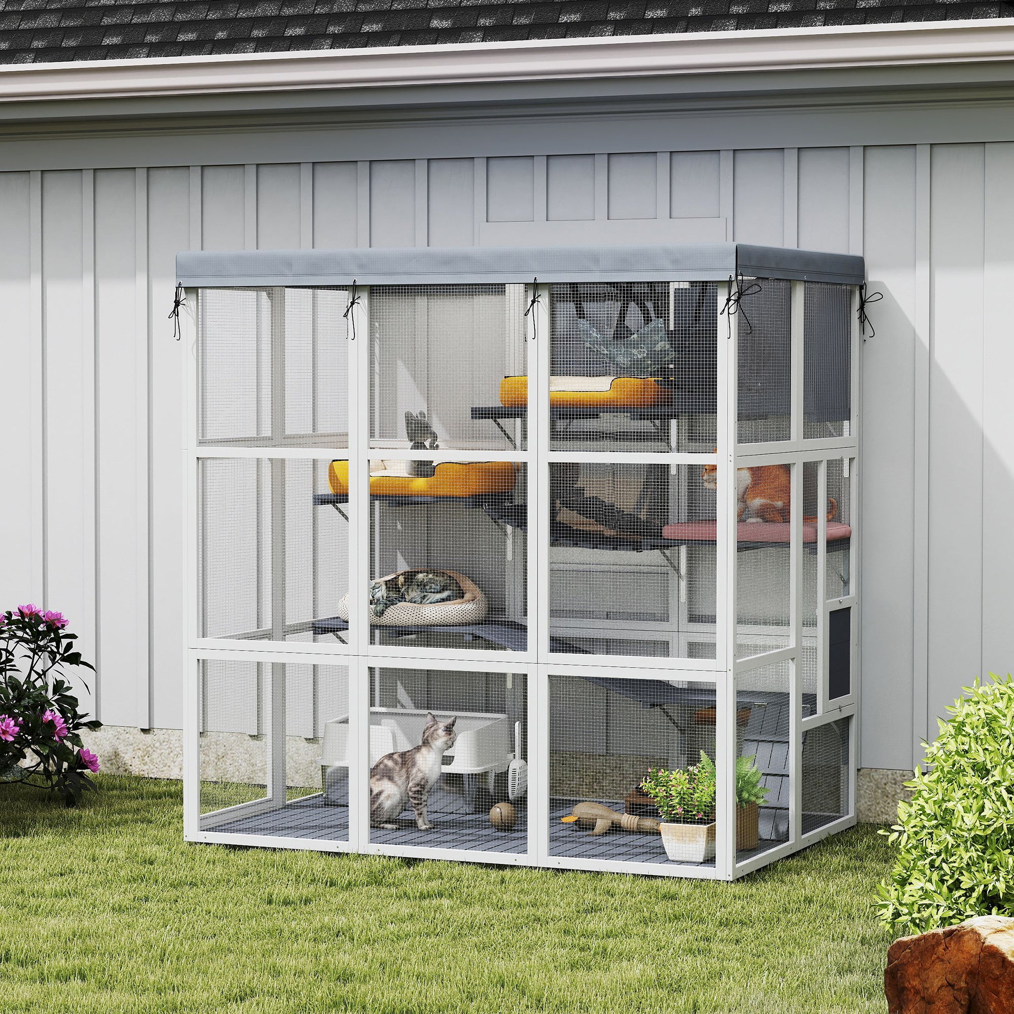 Catio Outdoor Cat Enclosure, 71" Large Wooden Cat House w/ Weatherproof Tarp, Walk-in Kitty Cage with Hammock, Condo, Platforms, Ladders, Ramps, for 2-4 Kittens, Grey