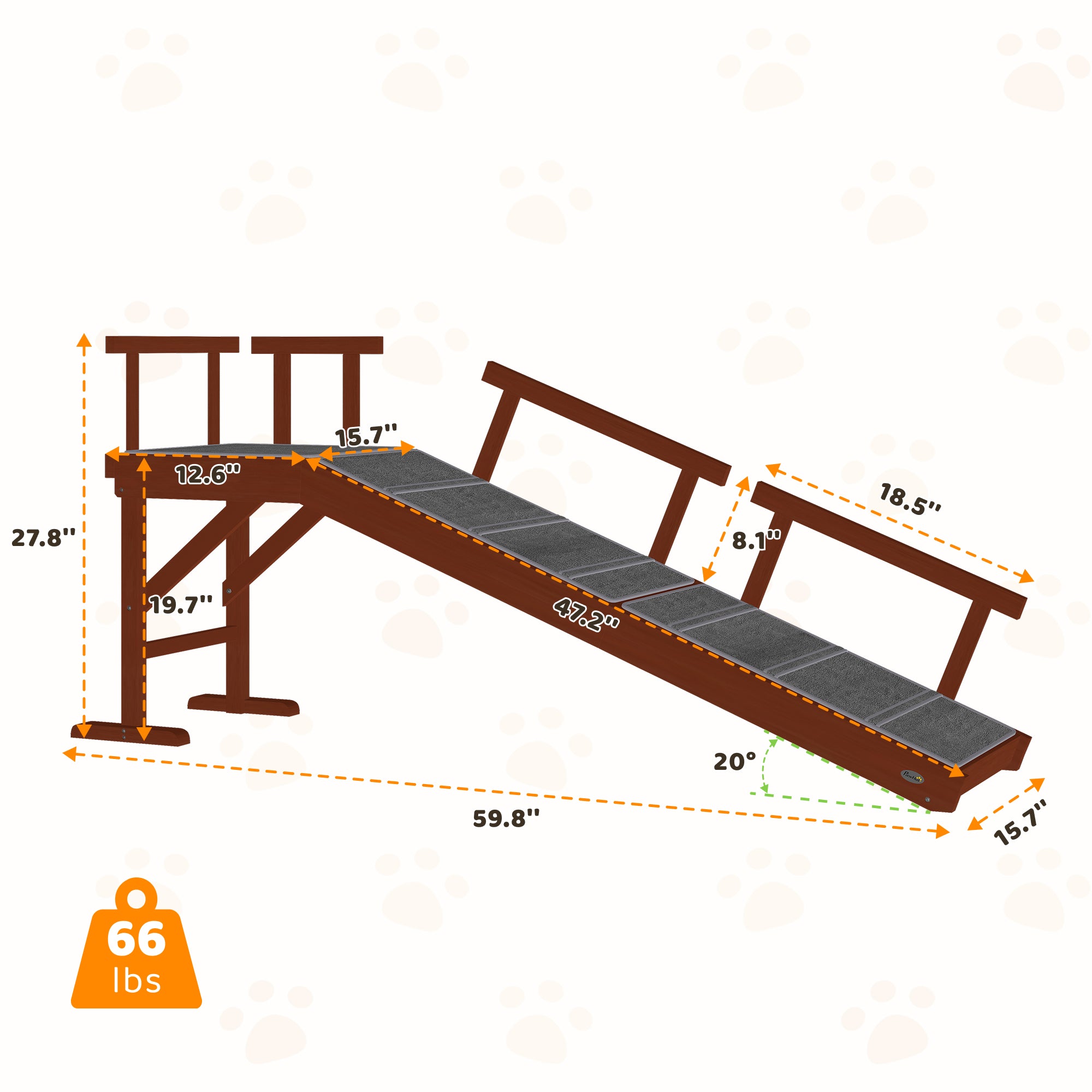 Wooden Dog Ramp, 60" Long Pet Ramp with Non-slip Rug & Removable Guardrails, Brown