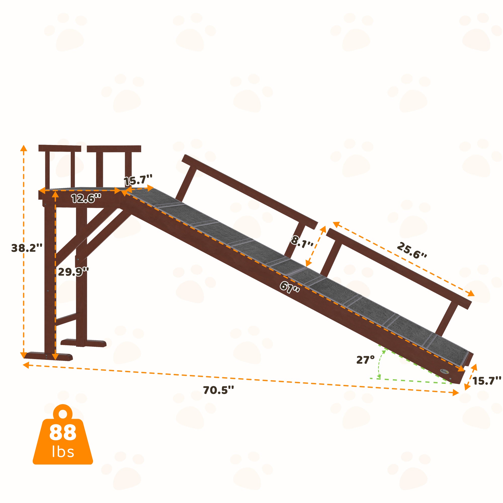 70.5" Dog Ramp for Bed Couch with Removable Guardrails for Small Medium Large Dogs Brown