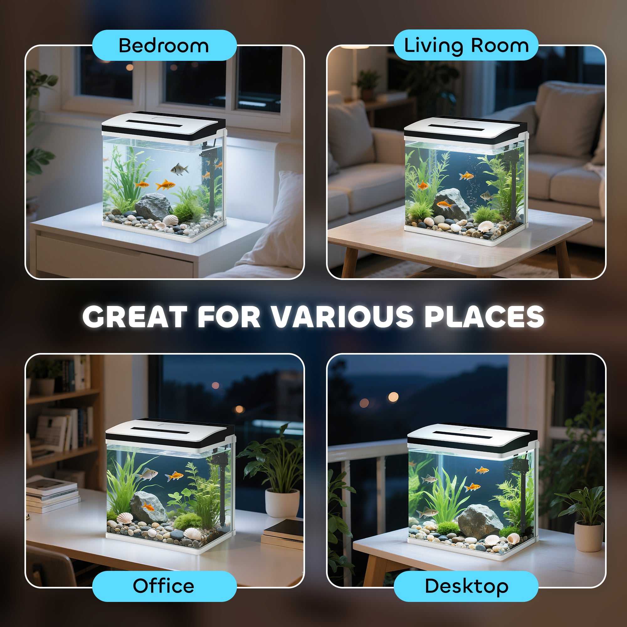 Aquarium, 28L Glass Fish Tank with Filter, LED Lighting, Water Pump, for Bettas, Guppies, Mini Parrot Fishes, Shrimp, Goldfish, 38 x 26 x 39.5cm