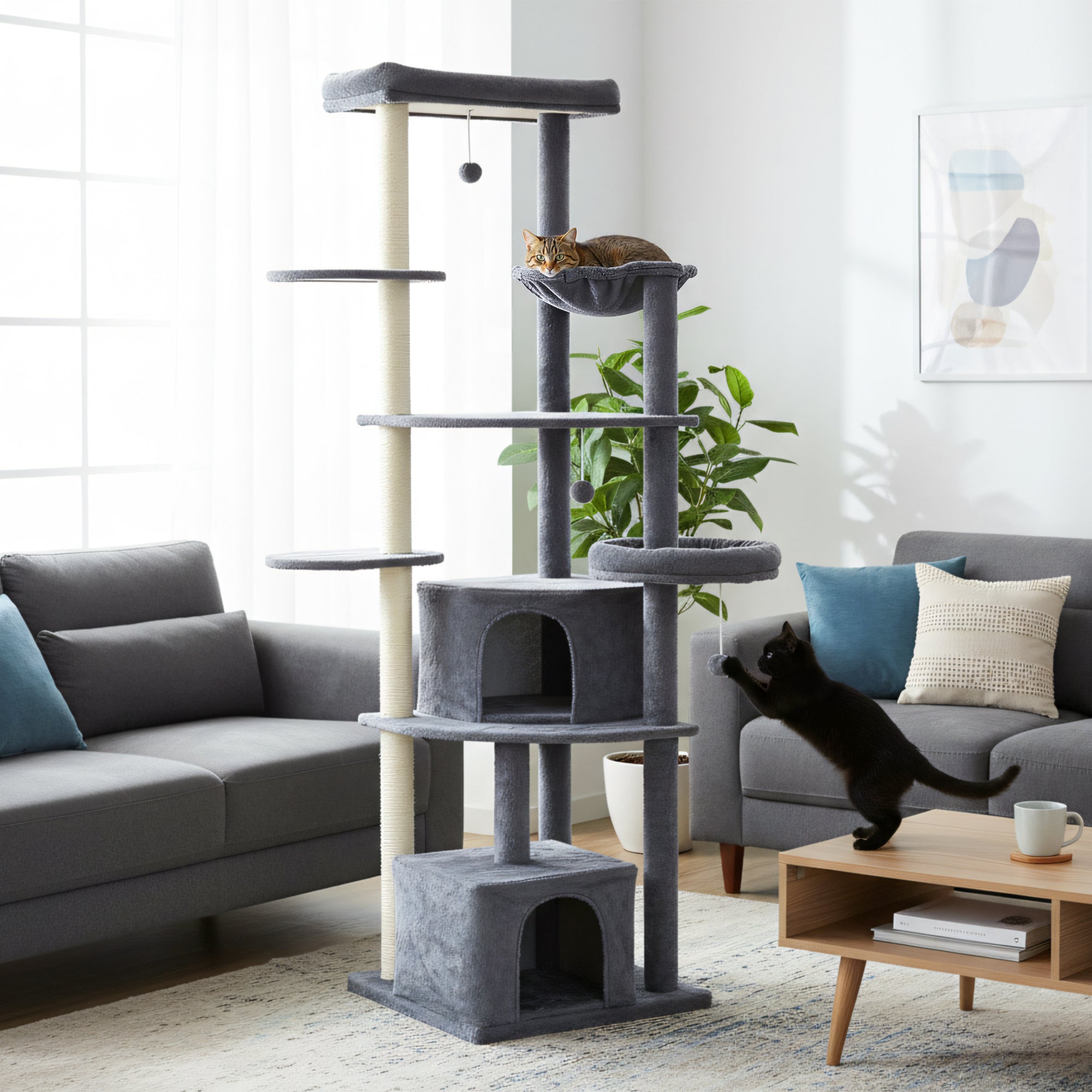79 Inch Cat Tree, Extra Tall Large Cat Tower with Scratching Posts, 2 Perches, 2 Caves, Large Hammock, Pompoms, Multi-Level Plush Kitty Condo for Multiple Indoor Kittens