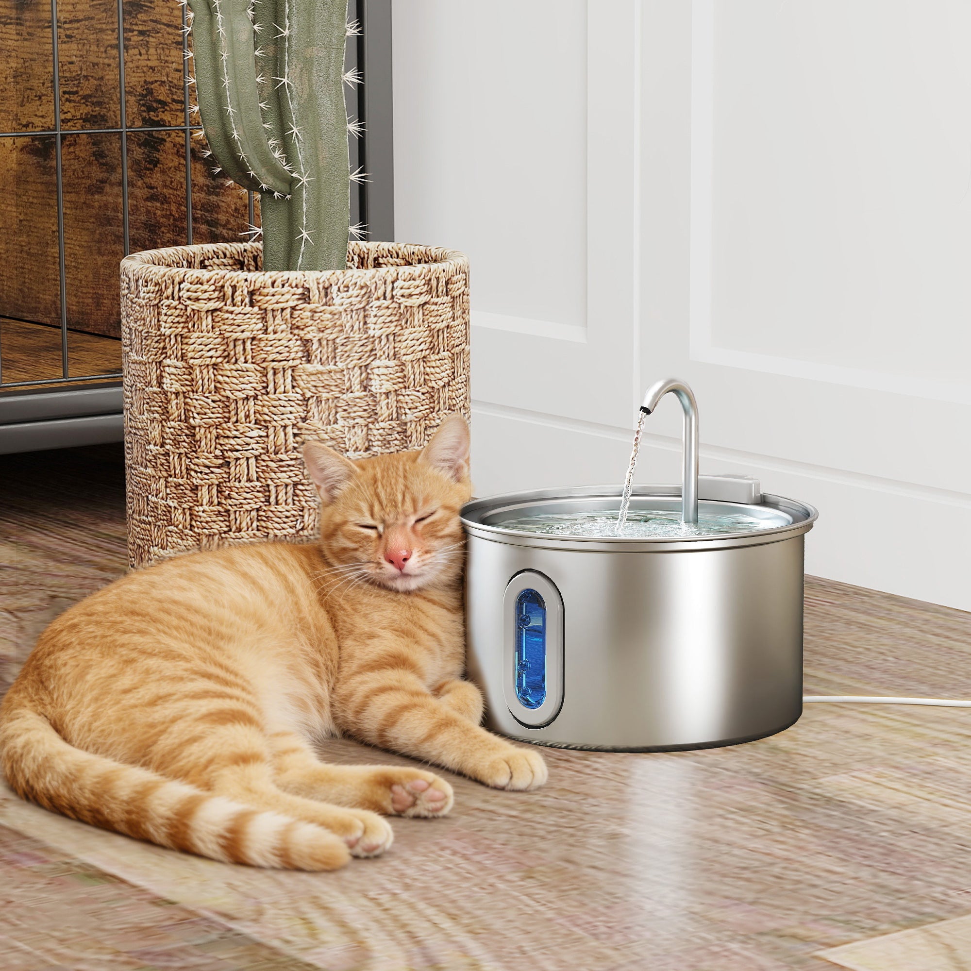 Cat Water Fountain for Drinking, 2.5L Cat Fountain Stainless Steel Automatic with Ultra-Silent Pump, Water-Level Window, 7 Filters