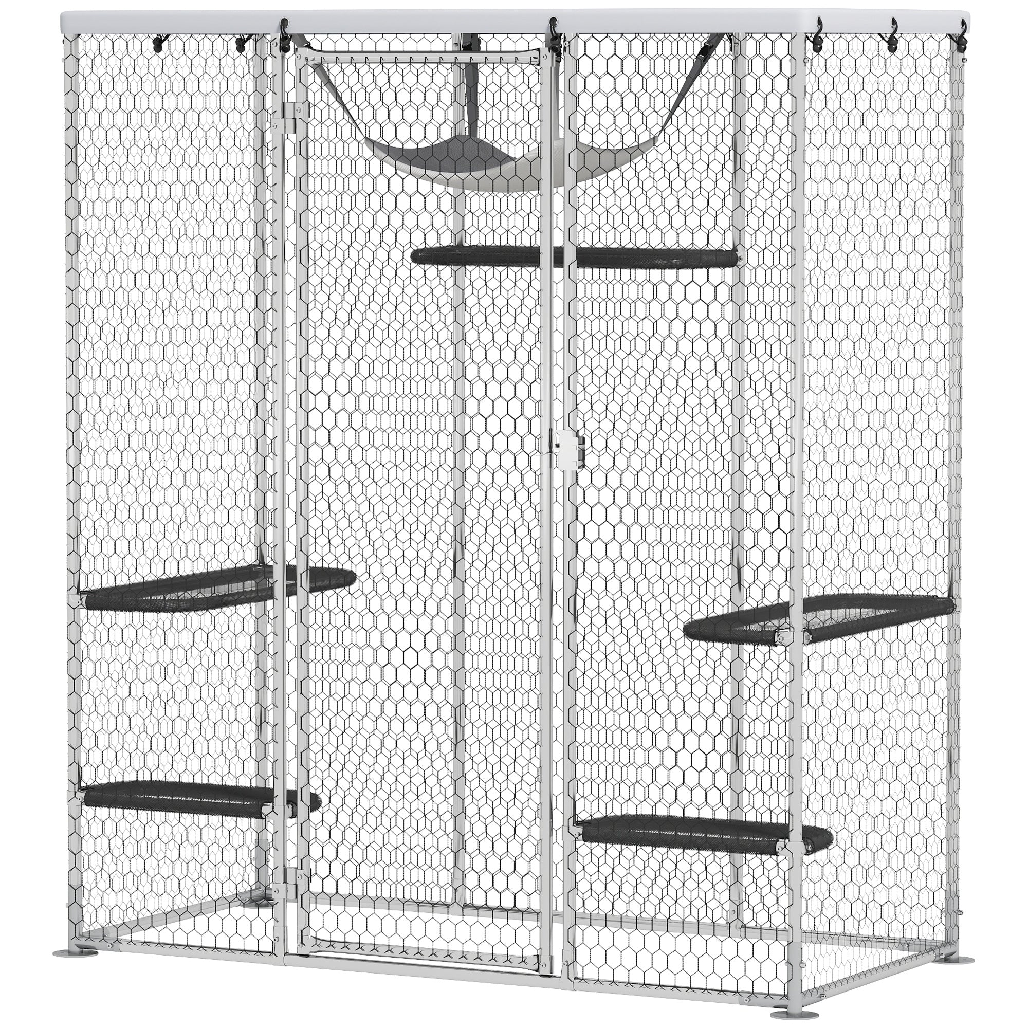 Large Catio Outdoor Cat Enclosure, Galvanized Steel Walk-in Cat Cage for Multiple Kittens, with Waterproof Cover, 5 Adjustable Platforms, Hammock, Metal Chicken Coop Run