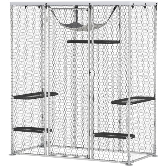 Large Catio Outdoor Cat Enclosure, Galvanized Steel Walk-in Cat Cage for Multiple Kittens, with Waterproof Cover, 5 Adjustable Platforms, Hammock, Metal Chicken Coop Run