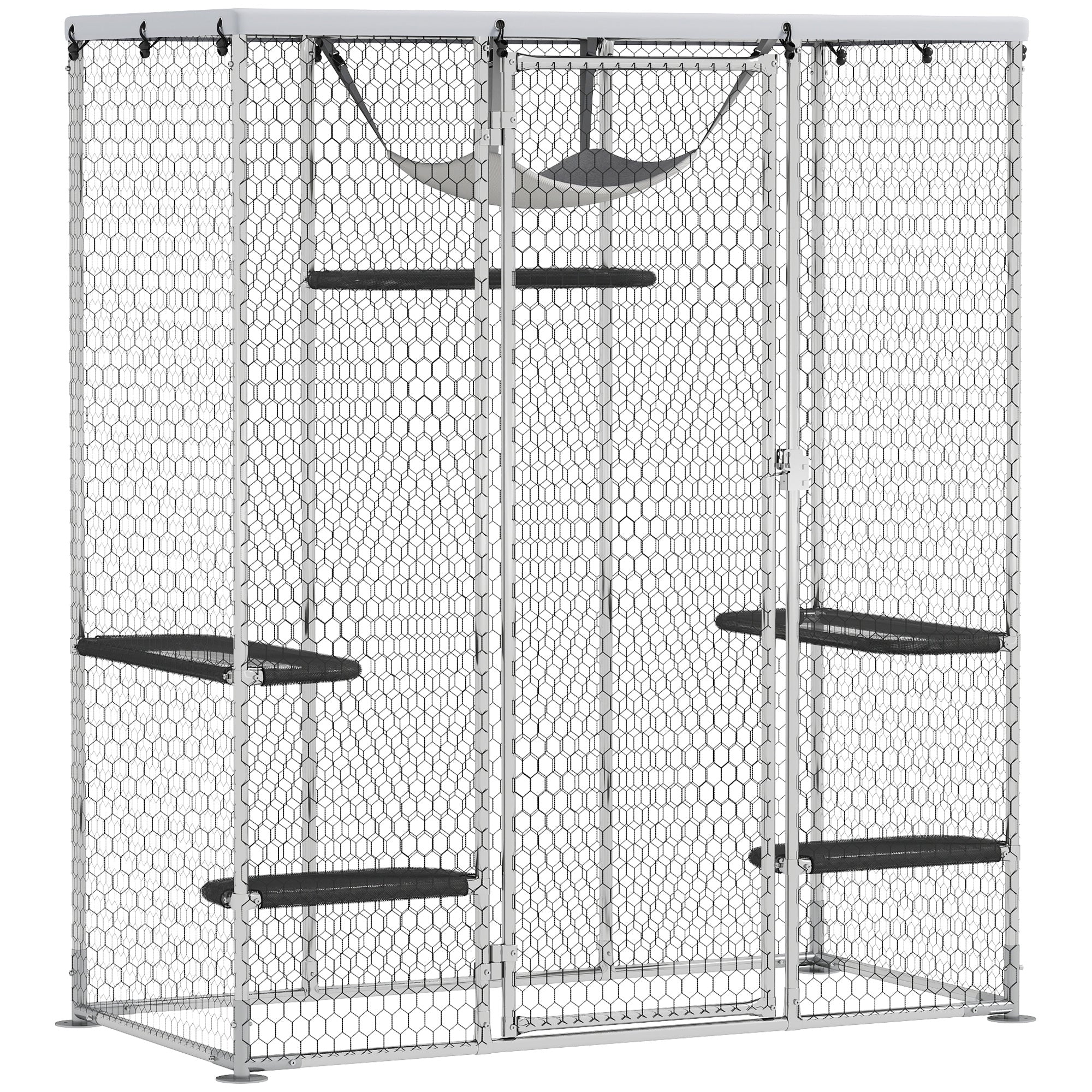Large Catio Outdoor Cat Enclosure, Galvanized Steel Walk-in Cat Cage for Multiple Kittens, with Waterproof Cover, 5 Adjustable Platforms, Hammock, Metal Chicken Coop Run