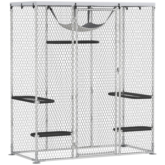 Large Catio Outdoor Cat Enclosure, Galvanized Steel Walk-in Cat Cage for Multiple Kittens, with Waterproof Cover, 5 Adjustable Platforms, Hammock, Metal Chicken Coop Run