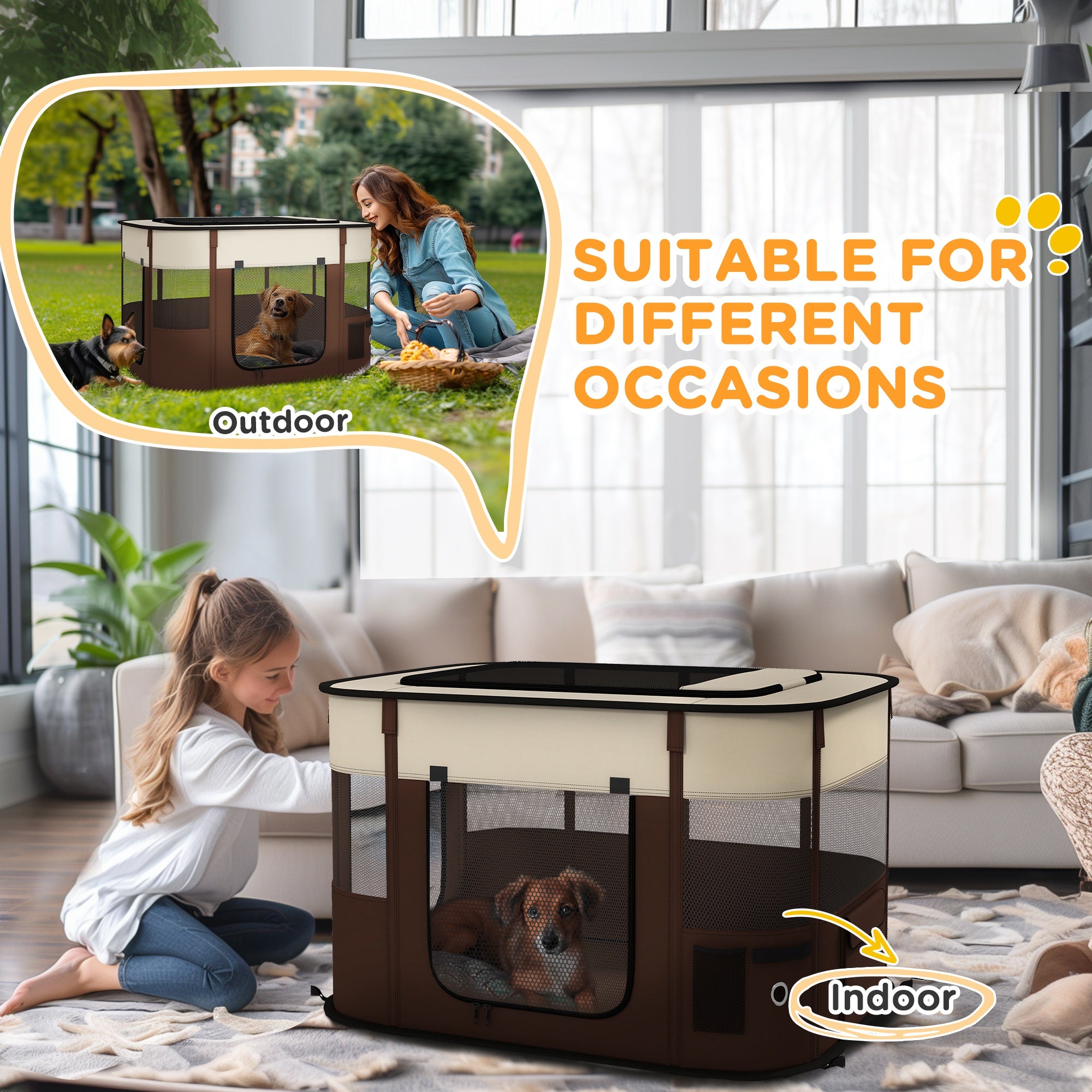 Dog Pen, Pet Playpen, Portable Foldable Dog Cat Playpen Soft Pet Cage with Storage Bag for Puppies, Rabbits, Kittens, Guinea Pigs, 94 x 74 x 60cm - Brown
