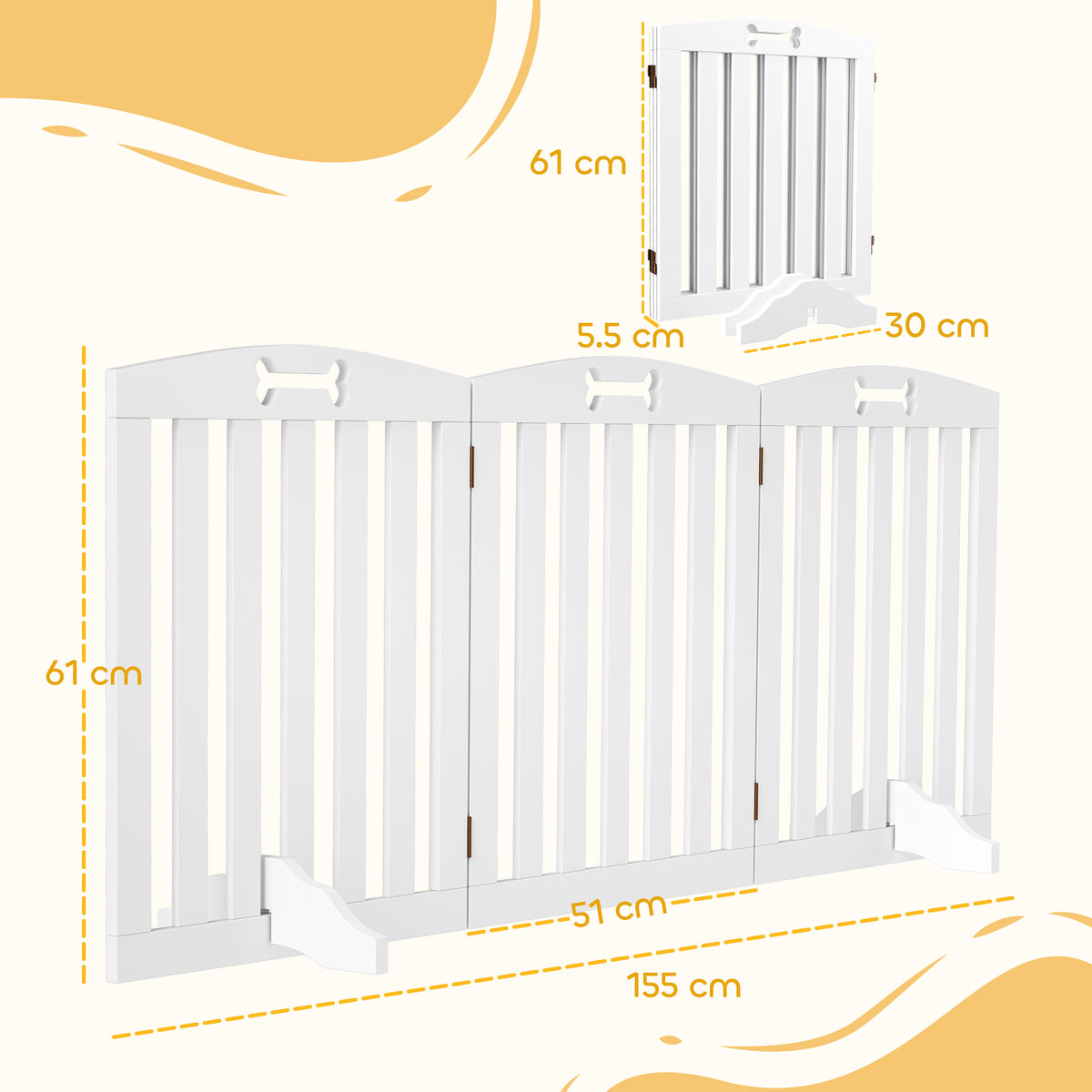 Wooden Dog Gate, Freestanding Pet Gate with Support Feet for Doorways, Hallways, Stairs, 3-Panel Pet Fence for Small Medium Dogs, 155L x 61H cm, White