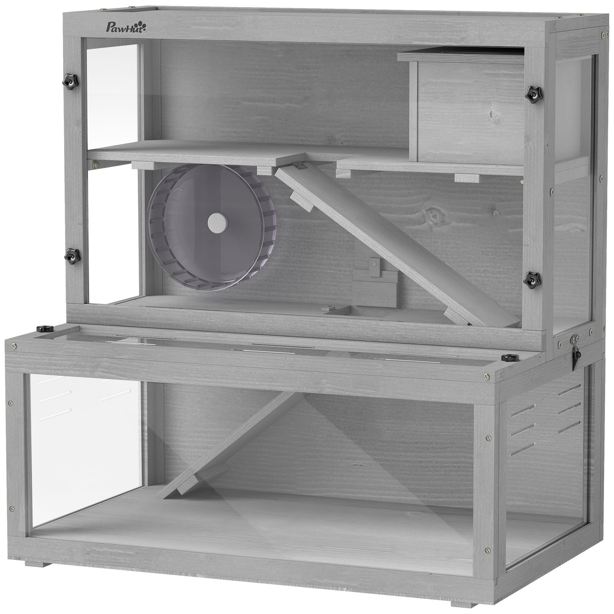 Wooden Hamster Cage, Large Gerbil Cage with Hut, Wheel, Ramps, 3 Tier Small Animal Habitat with Removable Viewing Panels, 80 x 50 x 84 cm, Grey