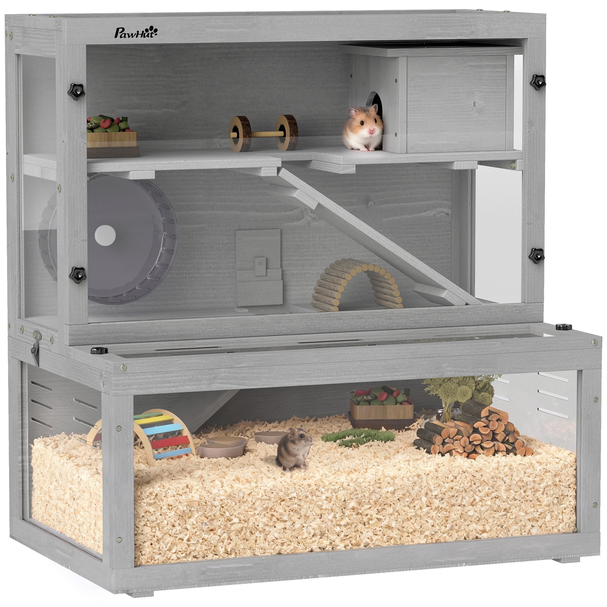 Wooden Hamster Cage, Large Gerbil Cage with Hut, Wheel, Ramps, 3 Tier Small Animal Habitat with Removable Viewing Panels, 80 x 50 x 84 cm, Grey