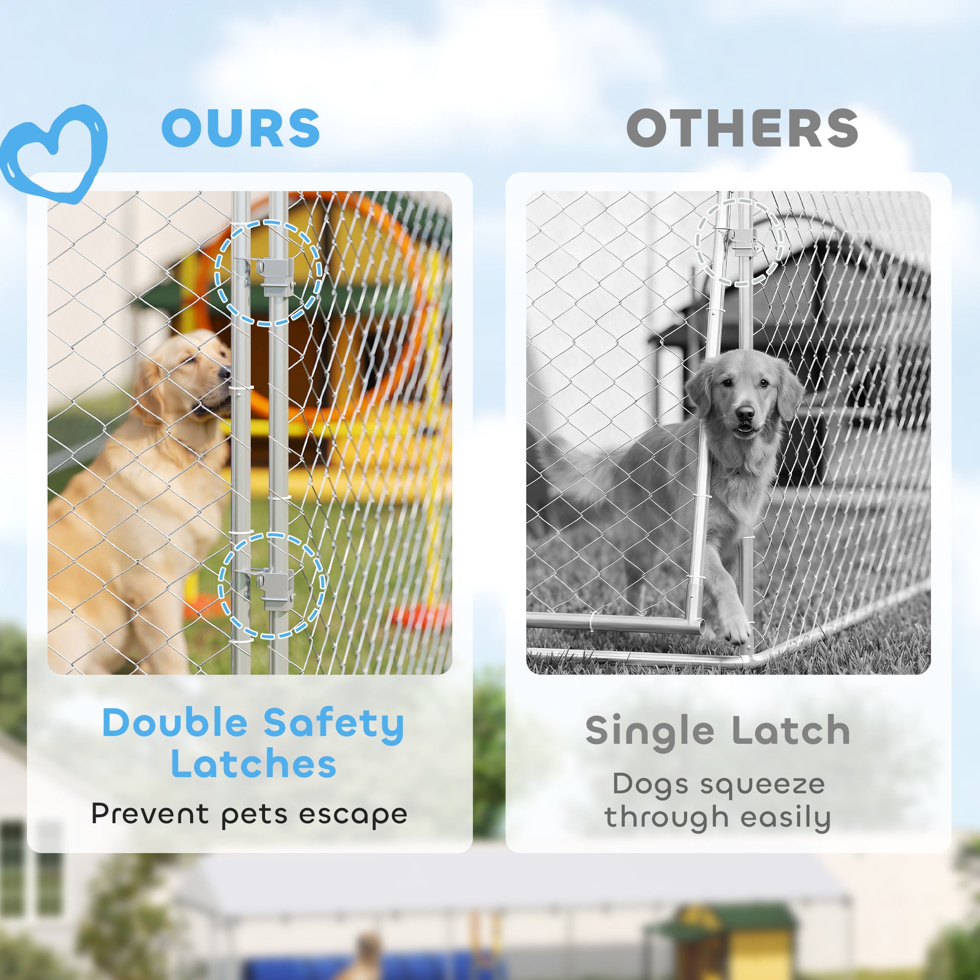 Outdoor Dog Kennel, Heavy Duty Dog Run Outdoor Fence with Waterproof Cover, Galvanized Chain Link, Double Secure Locks, for Large Breeds, Chickens, Ducks, 20' x 7.5' x 5'
