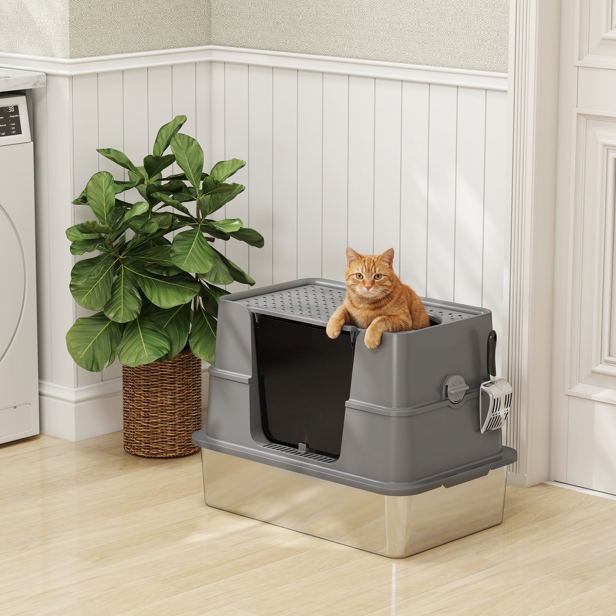 XL Stainless Steel Litter Box with Lid, Extra Large Top & Side Entry Enclosed Litter Box for Big Cats with 100° Flip Top, Scoop, Odor Free, Easy Cleaning, Non-Sticky, Anti Leakage, Dark Gray