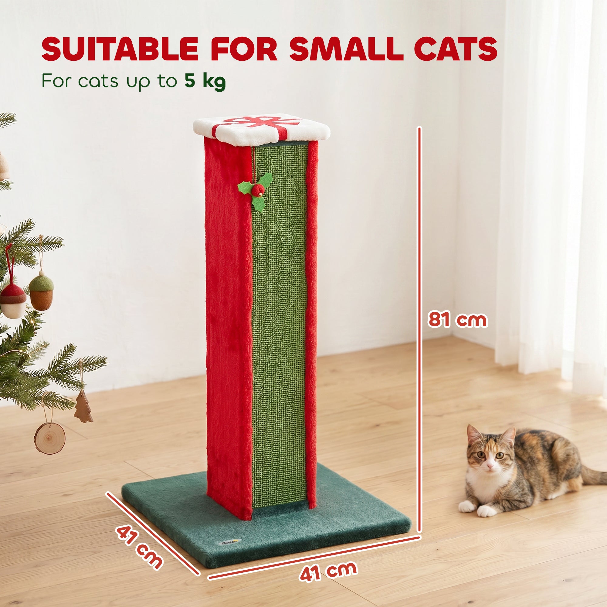 Cat Scratching Post for Indoor Cats, 81cm Tall Cat Scratcher with Sisal Rope, Hanging Bell Toy and Stable Base, Green and Red