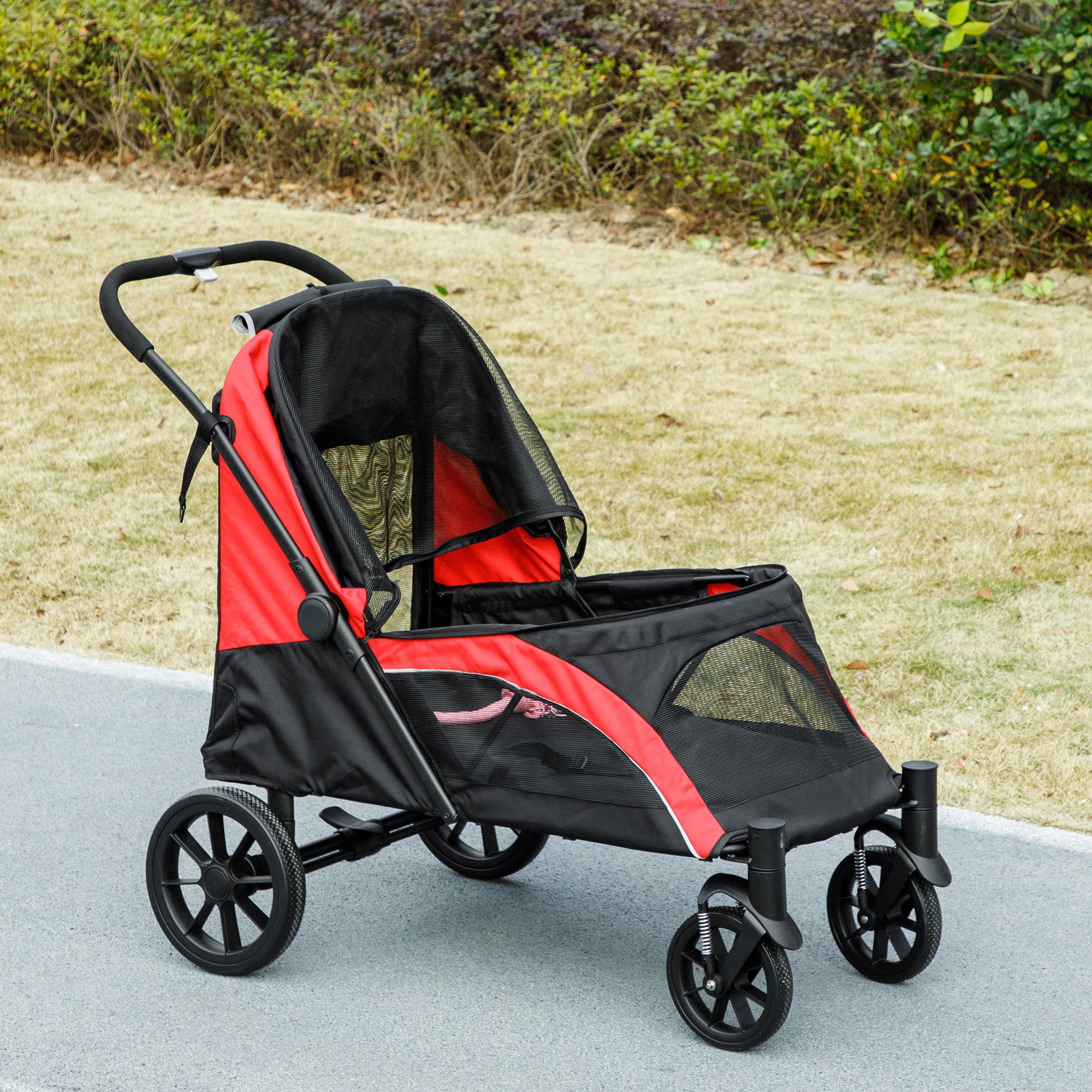 Pet Stroller for Small Medium Large Dogs and Cats, Foldable Dog Stroller with 4 Wheels, Shock-Absorbing Frame, Safety Leashes, Brakes, for Pets up to 66 lbs, Black