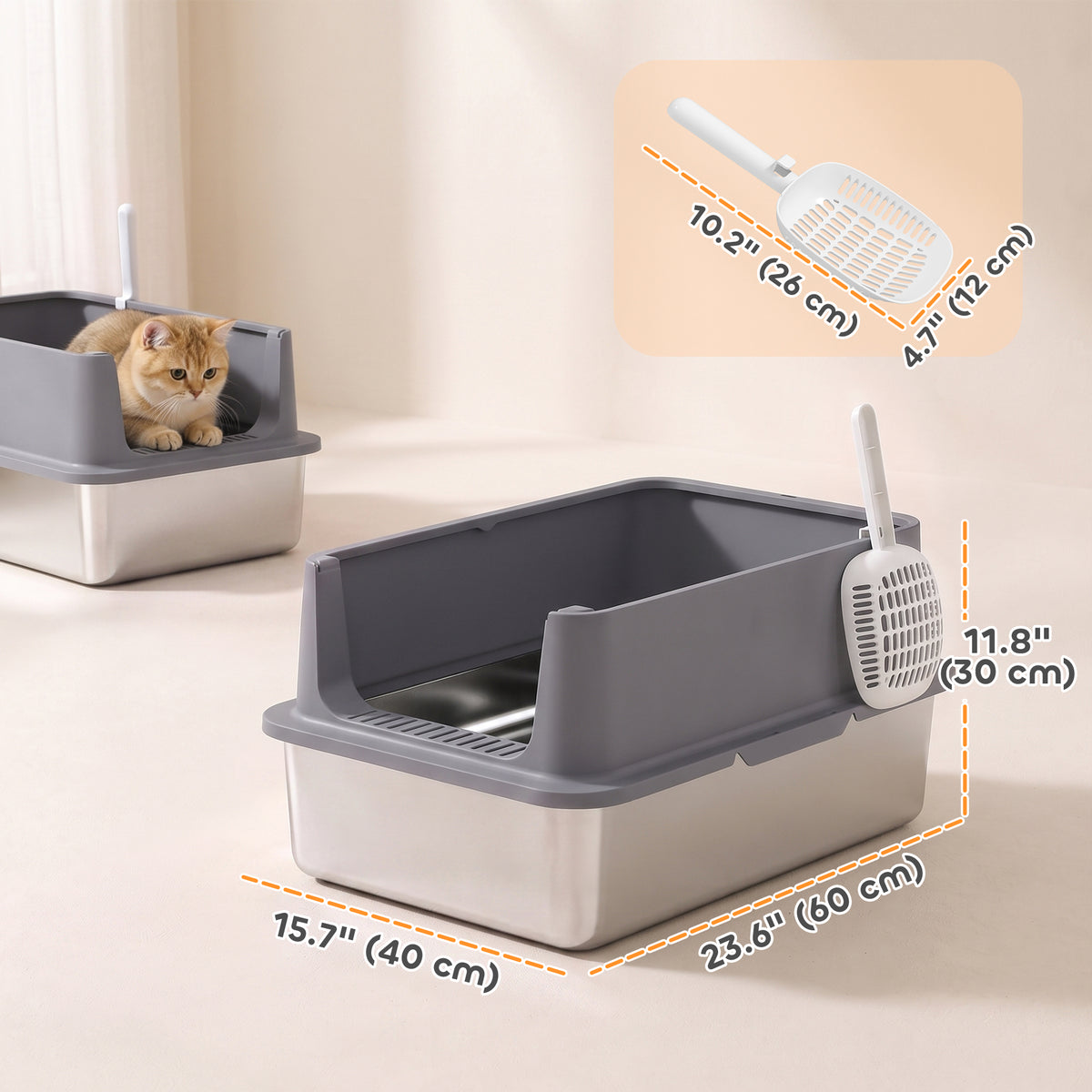 2 Pack XL Stainless Steel Litter Box, Extra Large Metal Cat Litter Box High Sided for Big and Multiple Cats, Semi-Enclosed with Scoops, Anti-Urine Leakage
