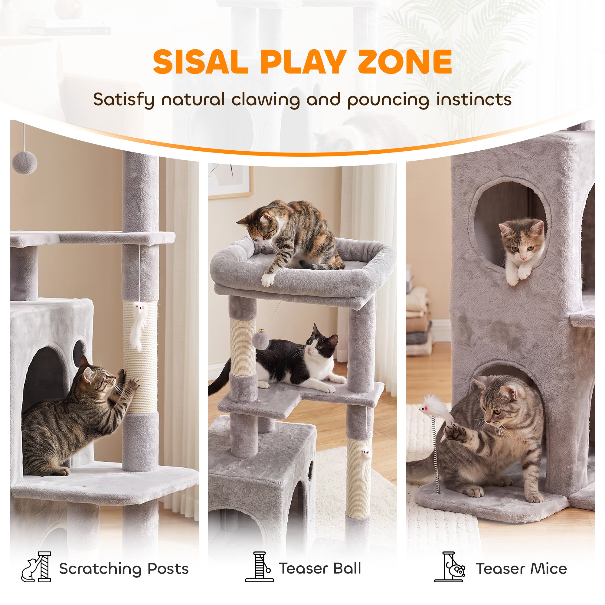 52" Cat Tree, Multi-Level Large Cat Tower House with 2-Tier Condo, Bed, Sisal Scratching Posts and Teaser Toys for Indoor Kittens Activity Center, Light Grey