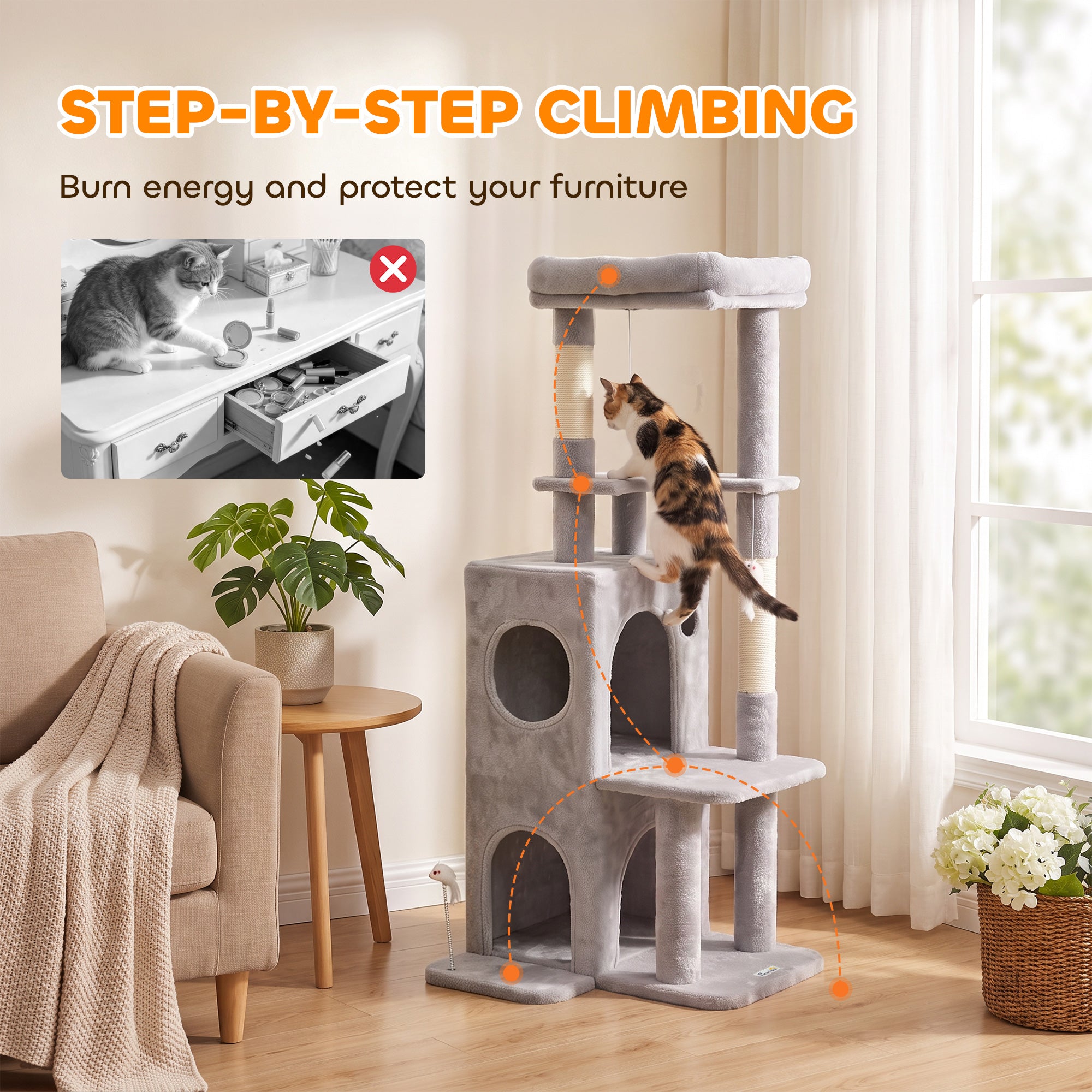 52" Cat Tree, Multi-Level Large Cat Tower House with 2-Tier Condo, Bed, Sisal Scratching Posts and Teaser Toys for Indoor Kittens Activity Center, Light Grey