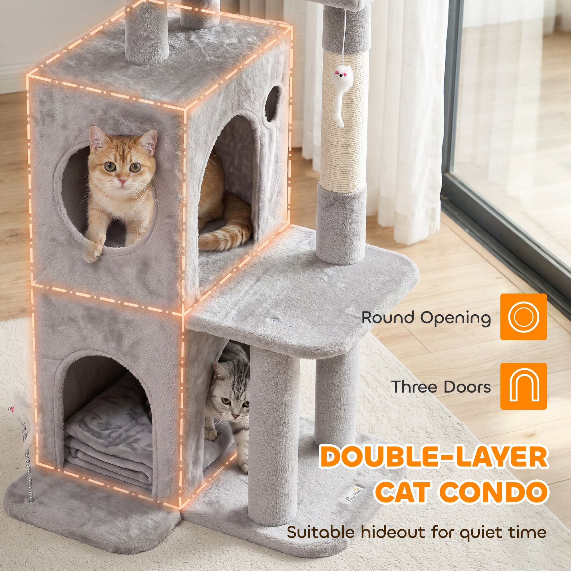 52" Cat Tree, Multi-Level Large Cat Tower House with 2-Tier Condo, Bed, Sisal Scratching Posts and Teaser Toys for Indoor Kittens Activity Center, Light Grey