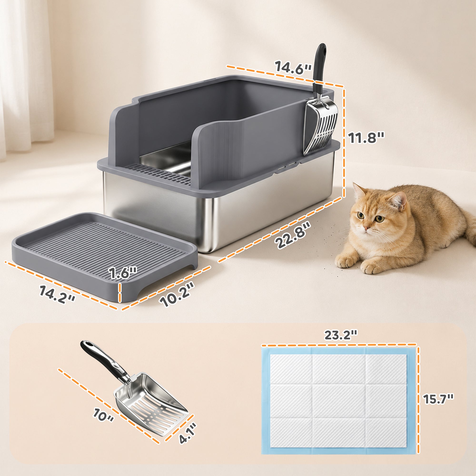 Stainless Steel Sifting Litter Box for Pine Pellets, Large Metal Litter Box with Sifter Tray, High-Sided, Anti-Leakage, Odor Control, Litter Pedal, Metal Scoop, 10 Pee Pads, 22.8"x14.6"x11.8"