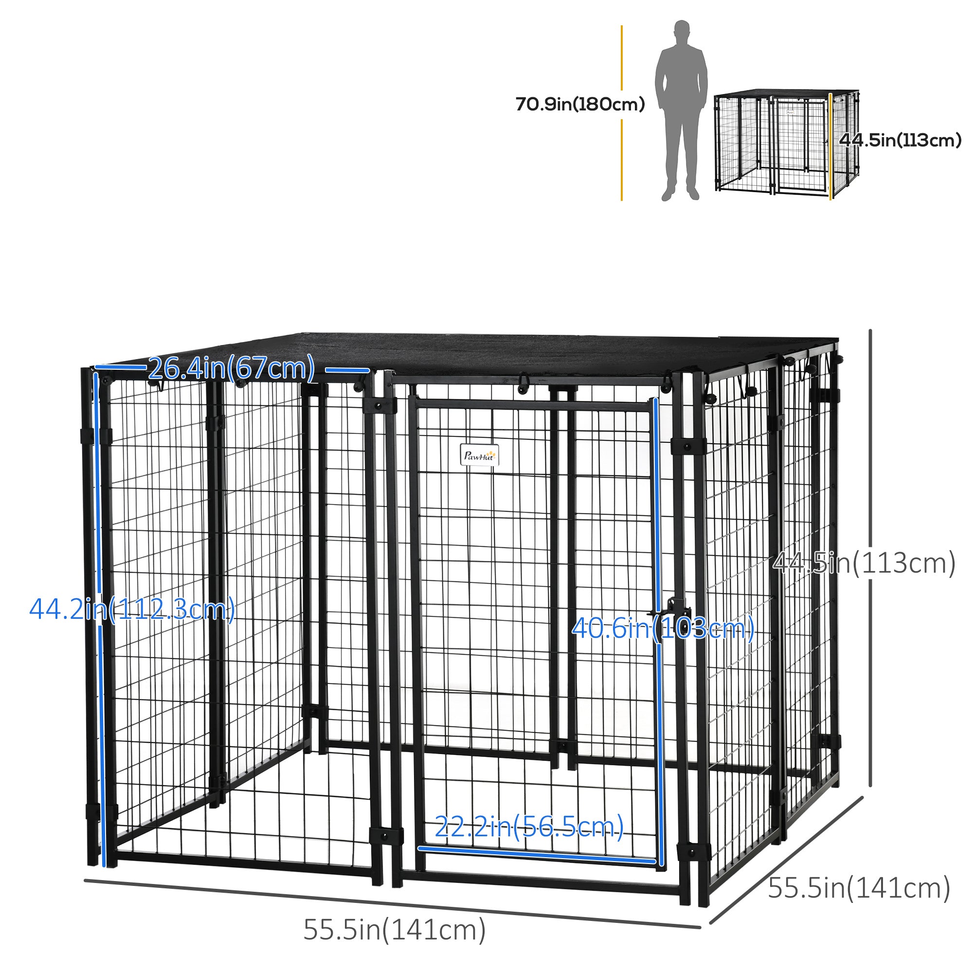 Outdoor Dog Kennel Run, Large Wire Steel Puppy Fence, Lockable Pet Playpen Crate Enclosure, with Top Cover, Door, Black