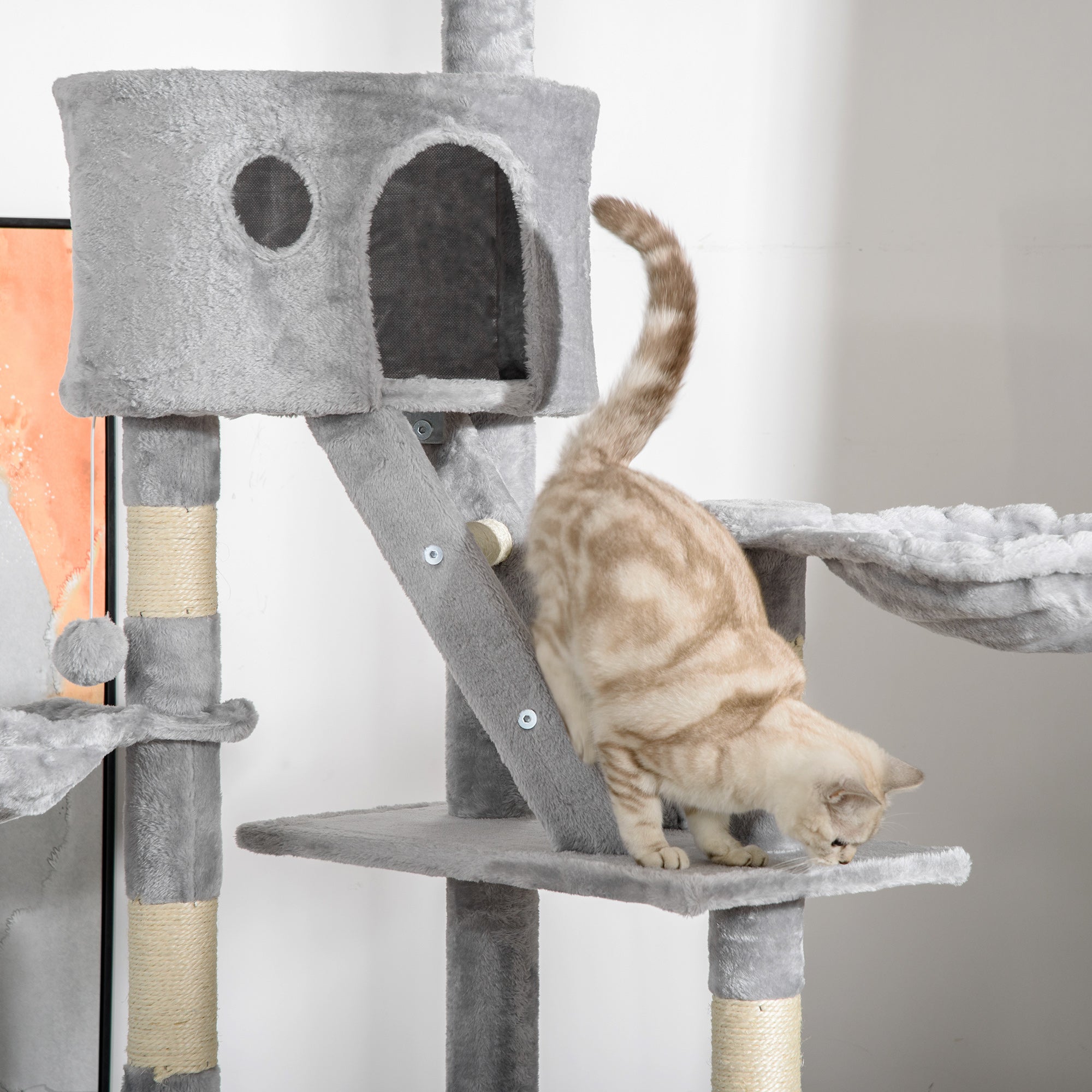  Floor to Ceiling Cat Tree, 94.5-102.5 inch Adjustable Height Cat Climbing Tower with Scratching Posts, Condos, Hammocks, Tubes, Ladders, Platforms, Dangling Balls for Indoor Kittens, Light Gray