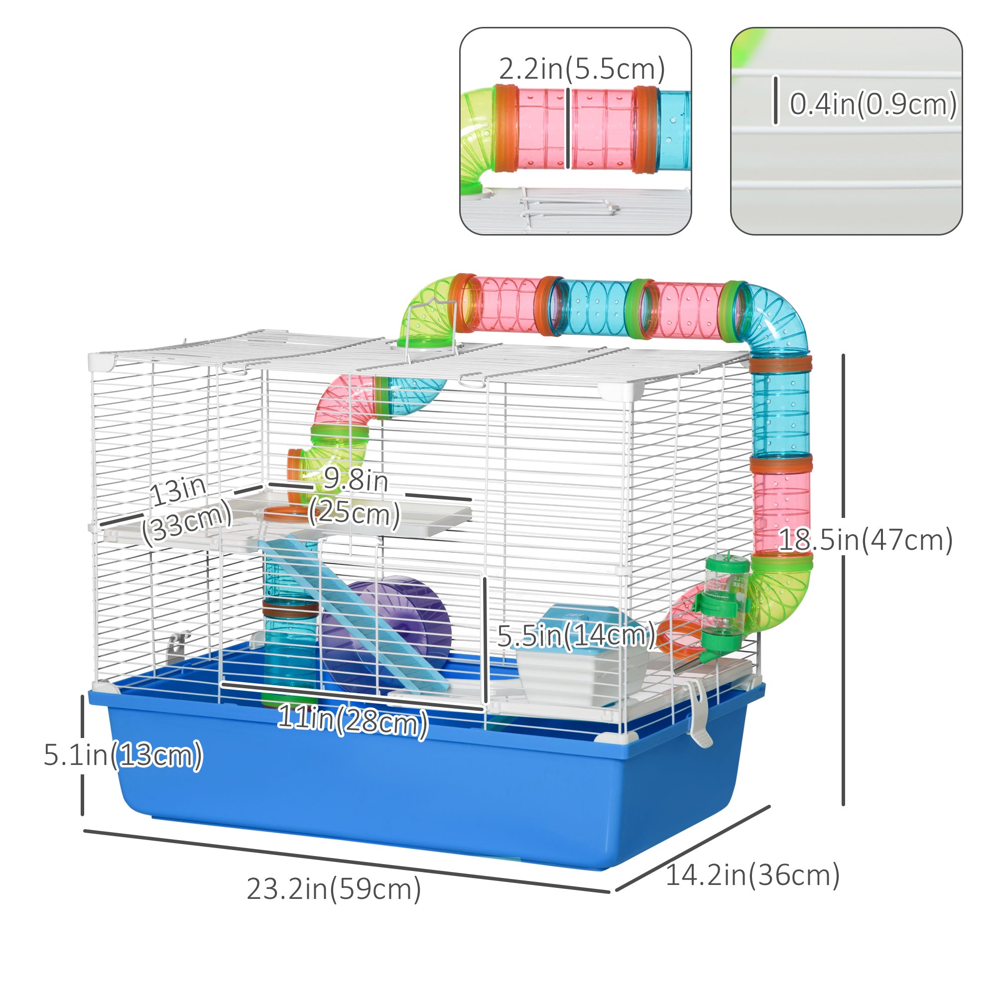 Hamster Cage, Small Animal House, 3-Level Guinea Pig Cage Gerbil Haven, Tunnel Tube System, with Water Bottle, Exercise Wheel, Food Dish, Ramps, Blue