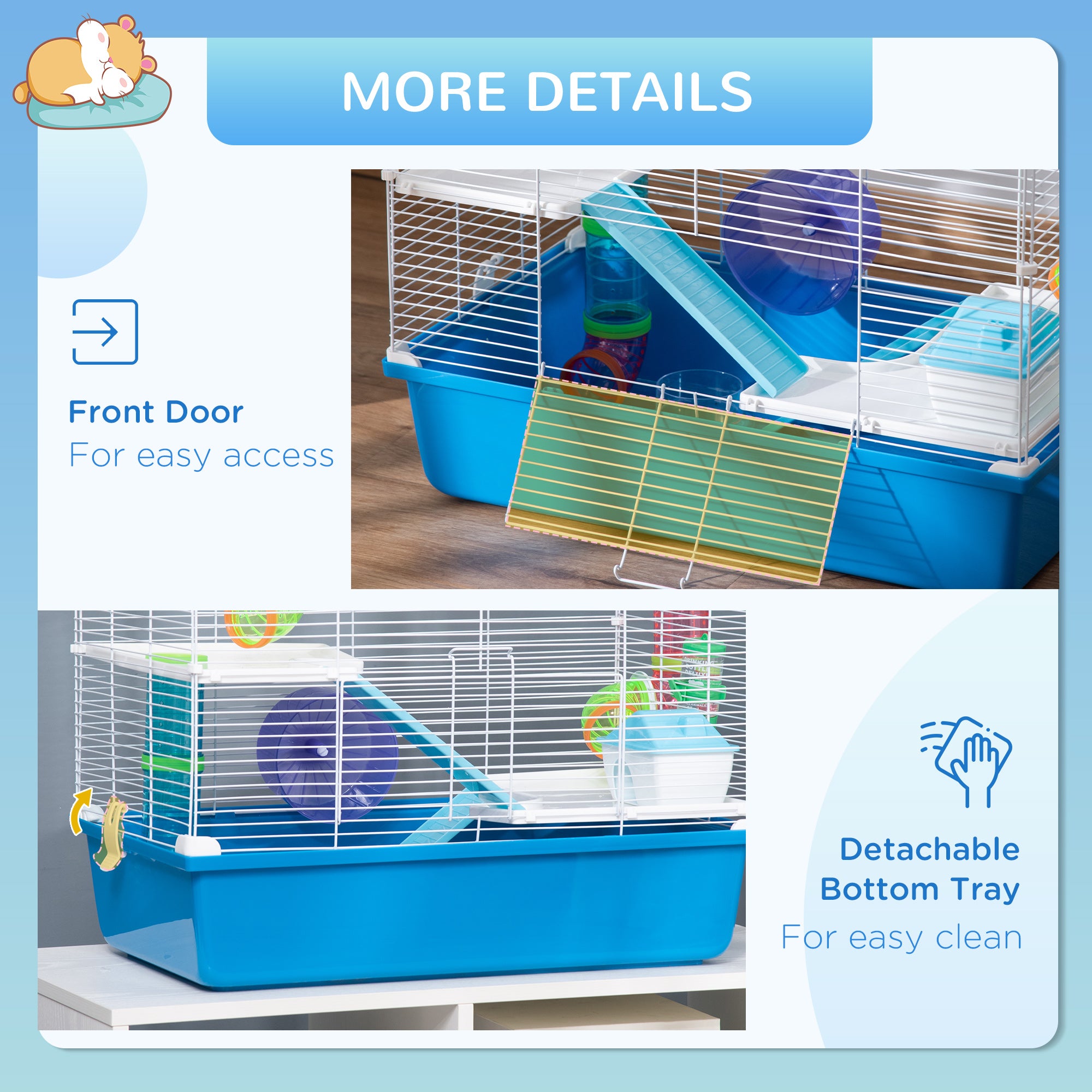 Hamster Cage, Small Animal House, 3-Level Guinea Pig Cage Gerbil Haven, Tunnel Tube System, with Water Bottle, Exercise Wheel, Food Dish, Ramps, Blue