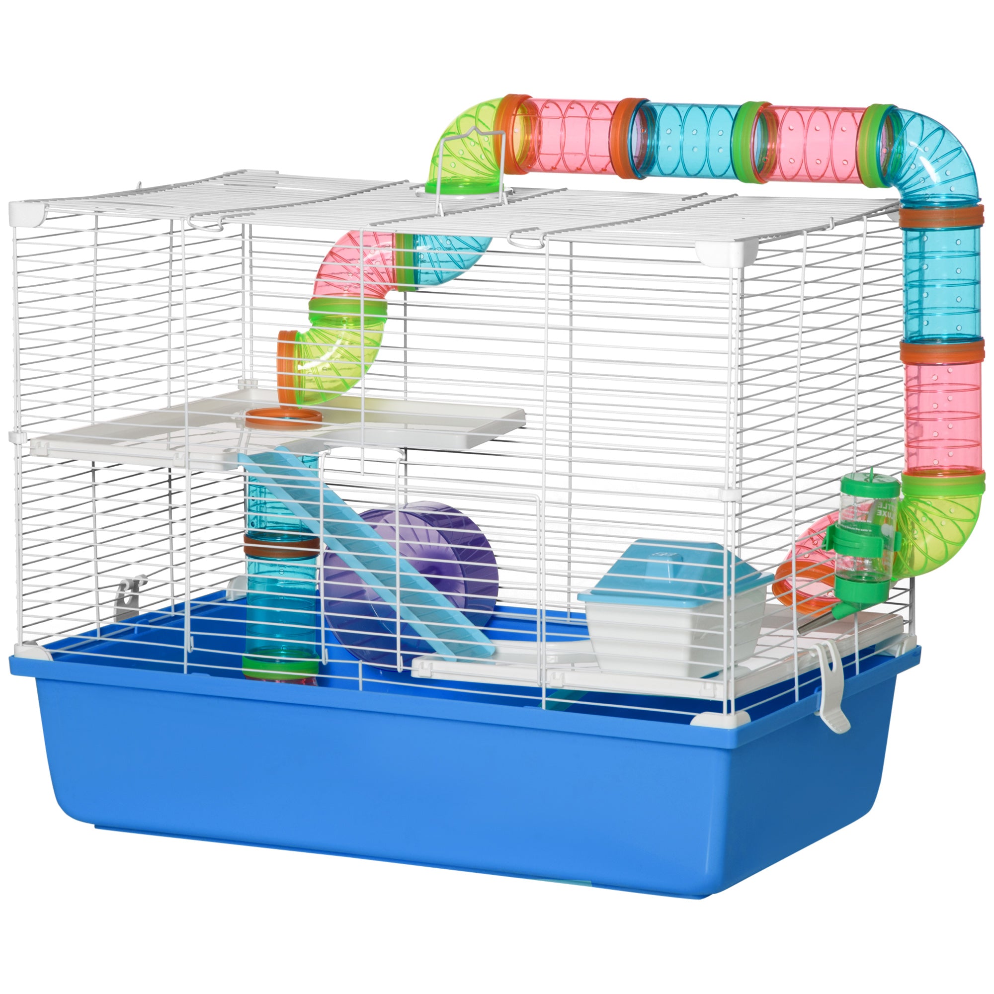 Hamster Cage, Small Animal House, 3-Level Guinea Pig Cage Gerbil Haven, Tunnel Tube System, with Water Bottle, Exercise Wheel, Food Dish, Ramps, Blue