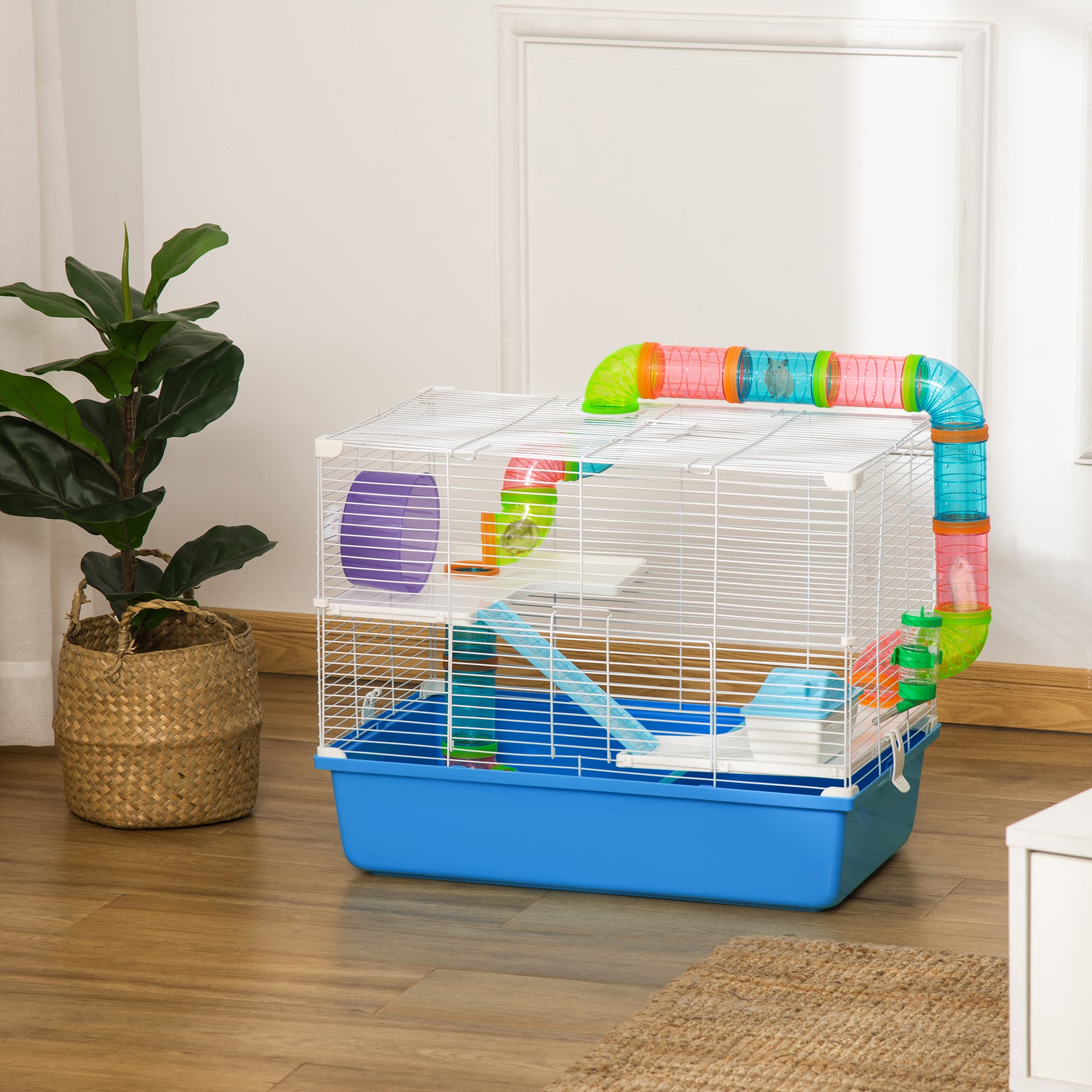 Hamster Cage, Small Animal House, 3-Level Guinea Pig Cage Gerbil Haven, Tunnel Tube System, with Water Bottle, Exercise Wheel, Food Dish, Ramps, Blue