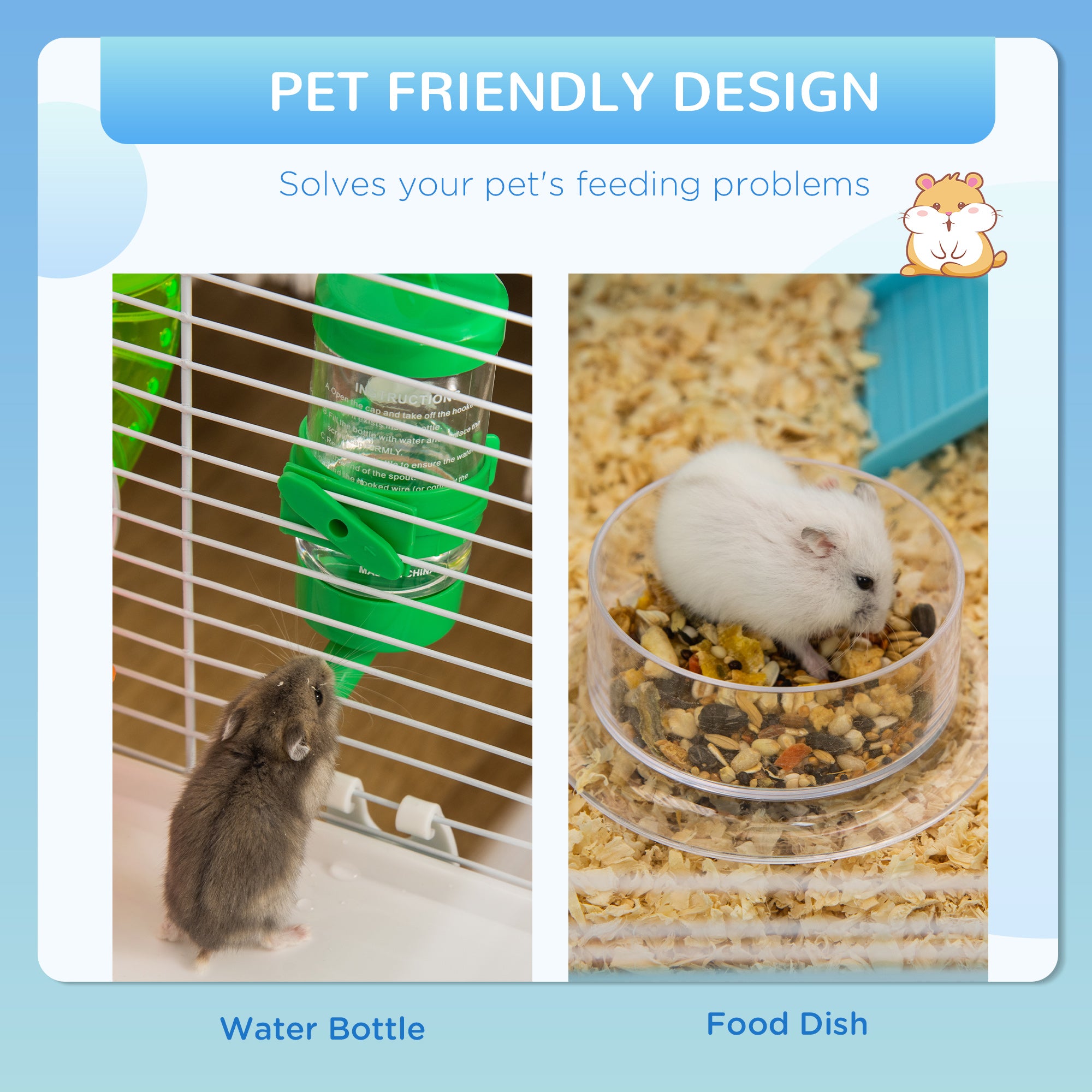 Hamster Cage, Small Animal House, 3-Level Guinea Pig Cage Gerbil Haven, Tunnel Tube System, with Water Bottle, Exercise Wheel, Food Dish, Ramps, Blue