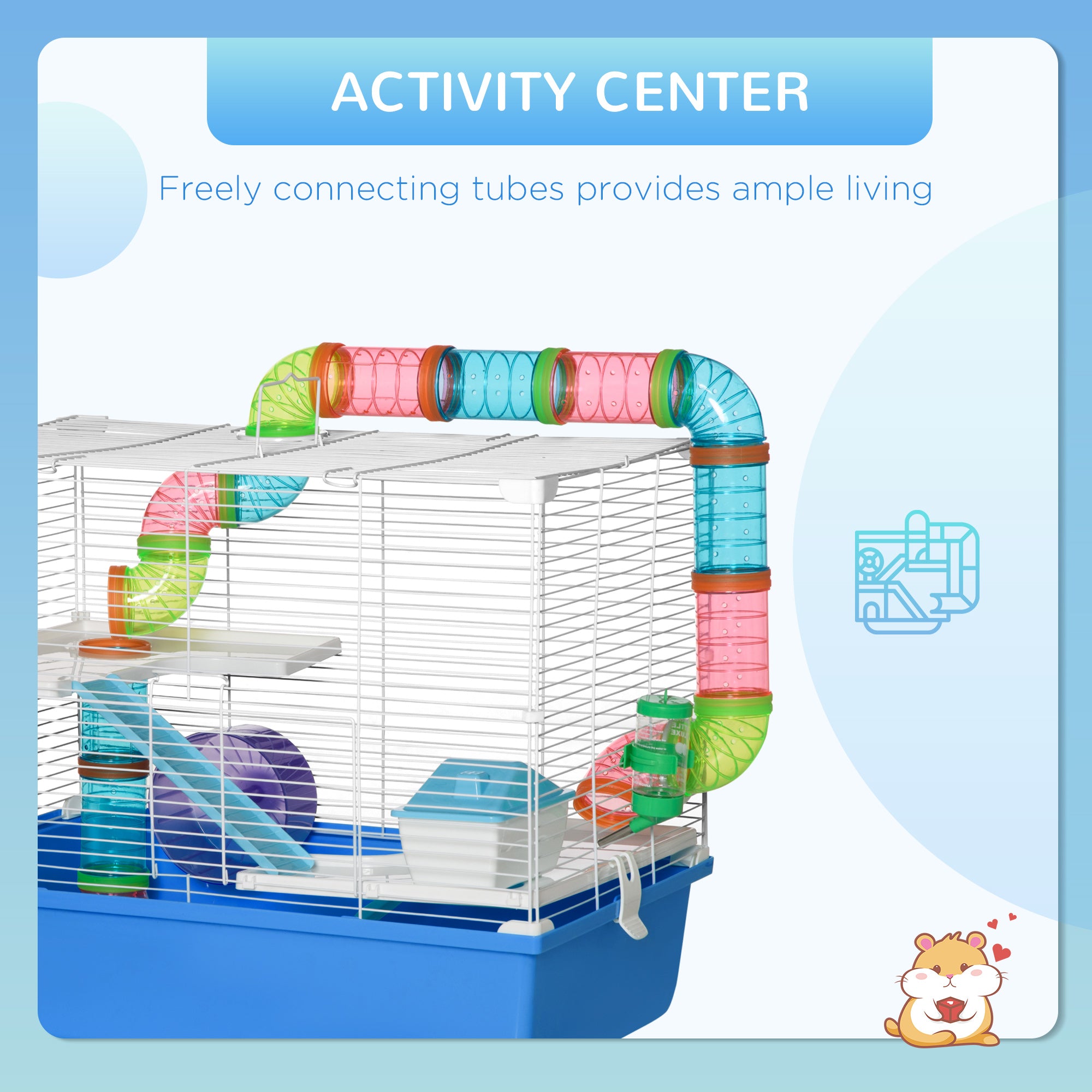 Hamster Cage, Small Animal House, 3-Level Guinea Pig Cage Gerbil Haven, Tunnel Tube System, with Water Bottle, Exercise Wheel, Food Dish, Ramps, Blue