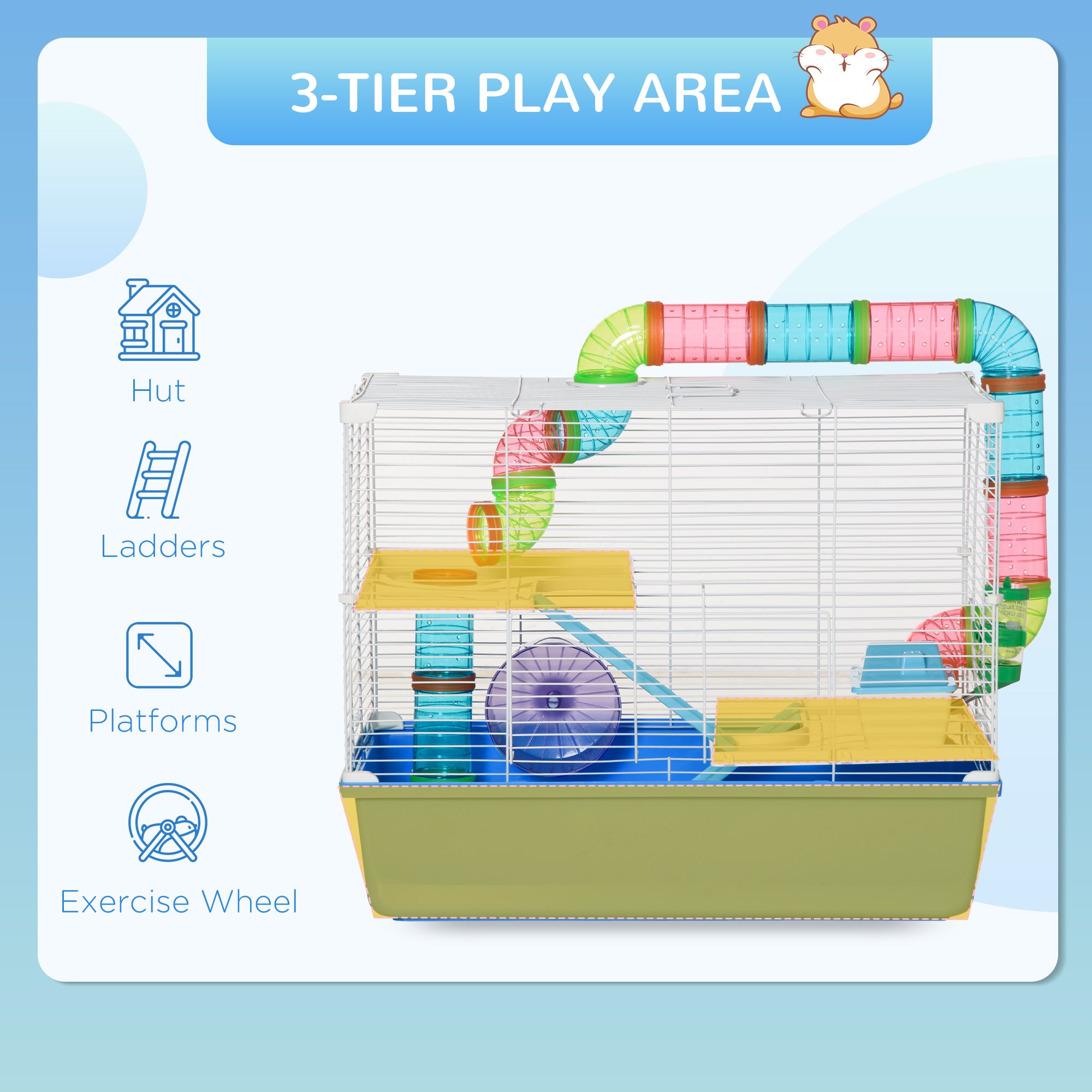 Hamster Cage, Small Animal House, 3-Level Guinea Pig Cage Gerbil Haven, Tunnel Tube System, with Water Bottle, Exercise Wheel, Food Dish, Ramps, Blue