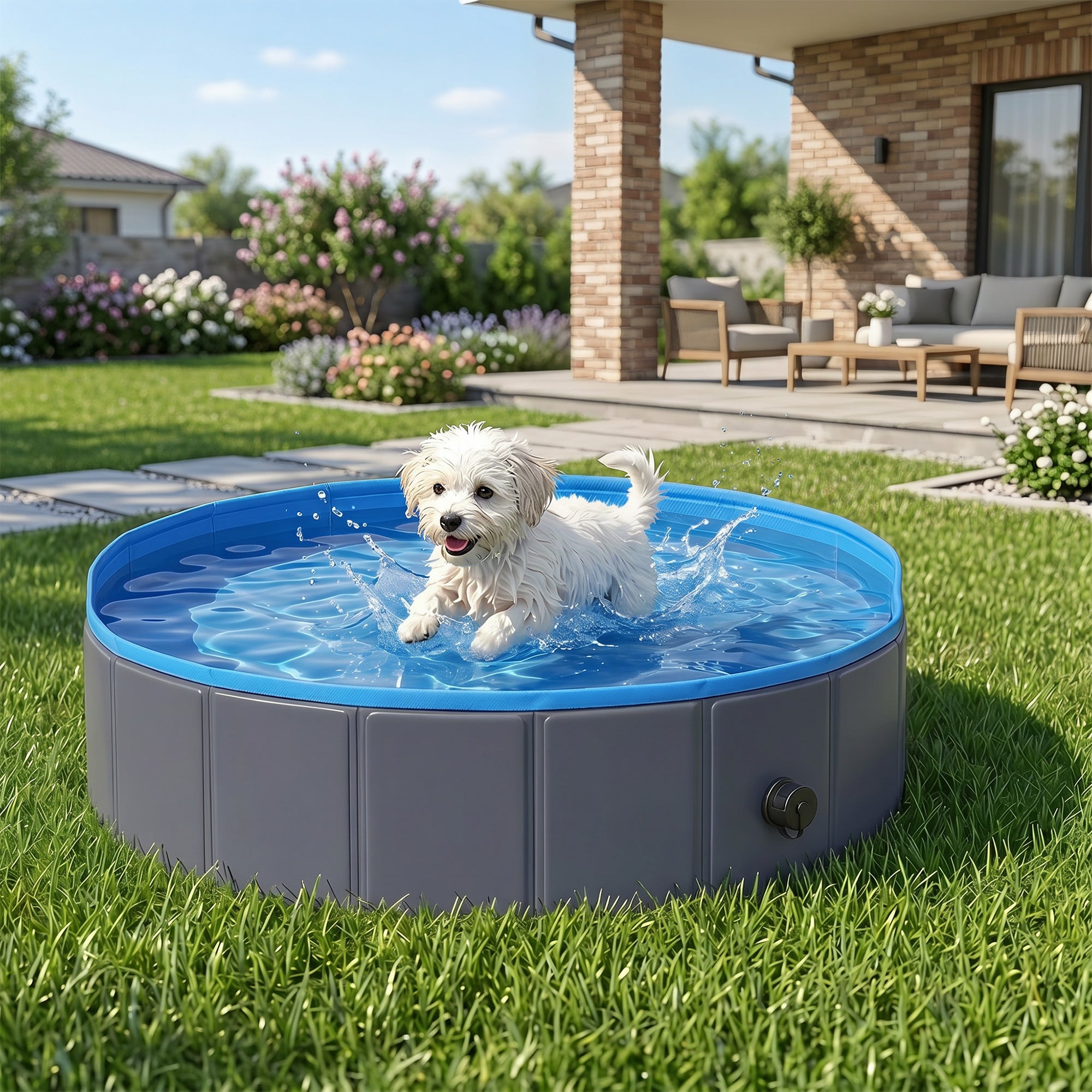 Foldable Dog Pool for Puppies and Ducks, Thickened PVC Dog Paddling Pool Bath Tub Hard Board, Anti-Slip Bottom and Hose Adapter for Easy Drainage, 80 x 20cm, Blue and Dark Grey