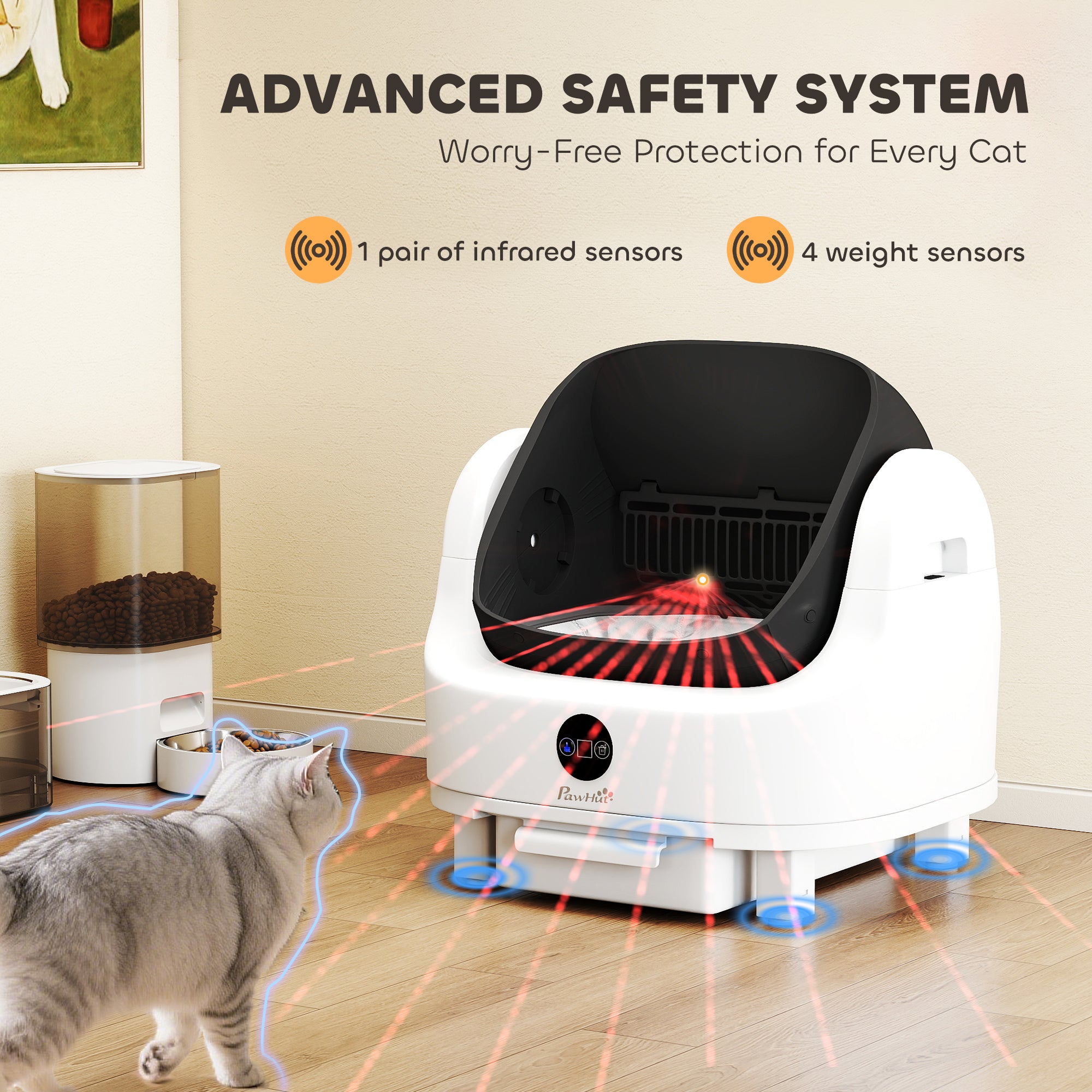 Self Cleaning Litter Box, Open-Top Automatic Cat Litter Box with Integrated Safety Protection, Odor-Free Waste Disposal, Trash Bag, Large Waste Bin, for Multiple Cats