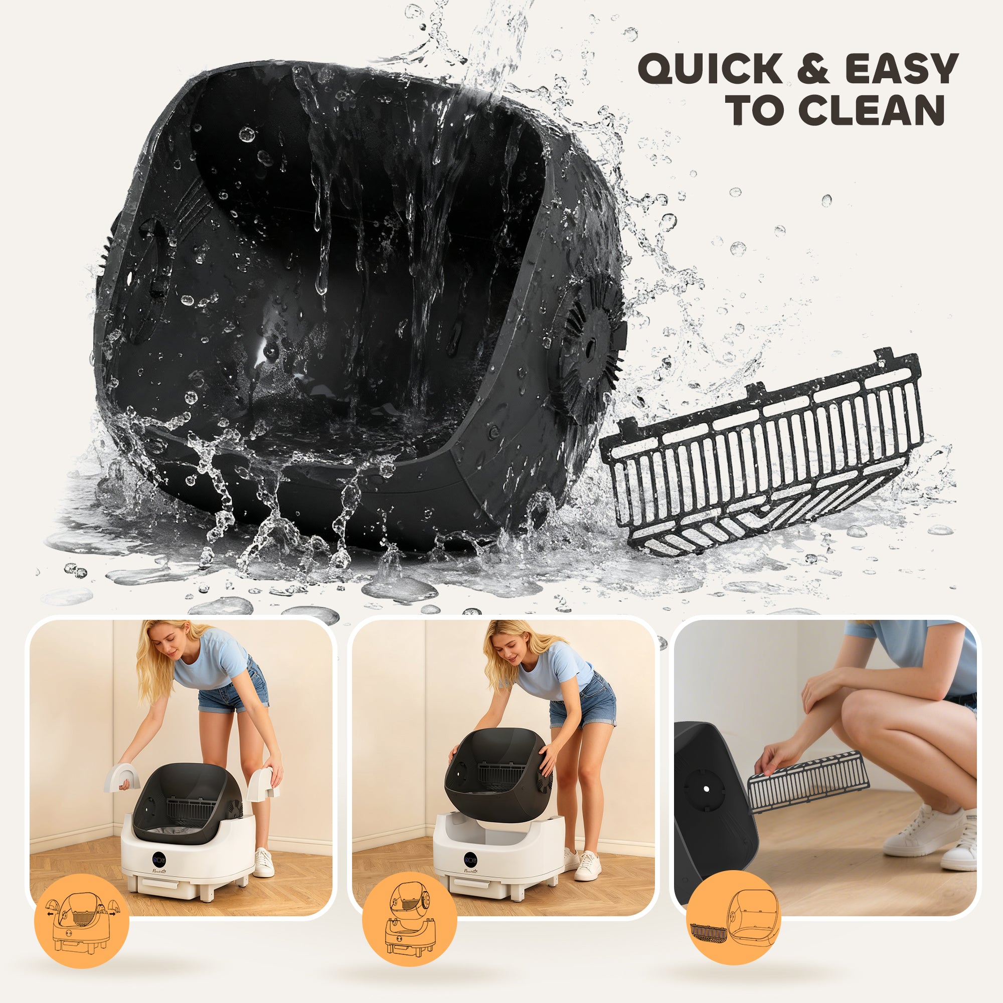 Self Cleaning Litter Box, Open-Top Automatic Cat Litter Box with Integrated Safety Protection, Odor-Free Waste Disposal, Trash Bag, Large Waste Bin, for Multiple Cats
